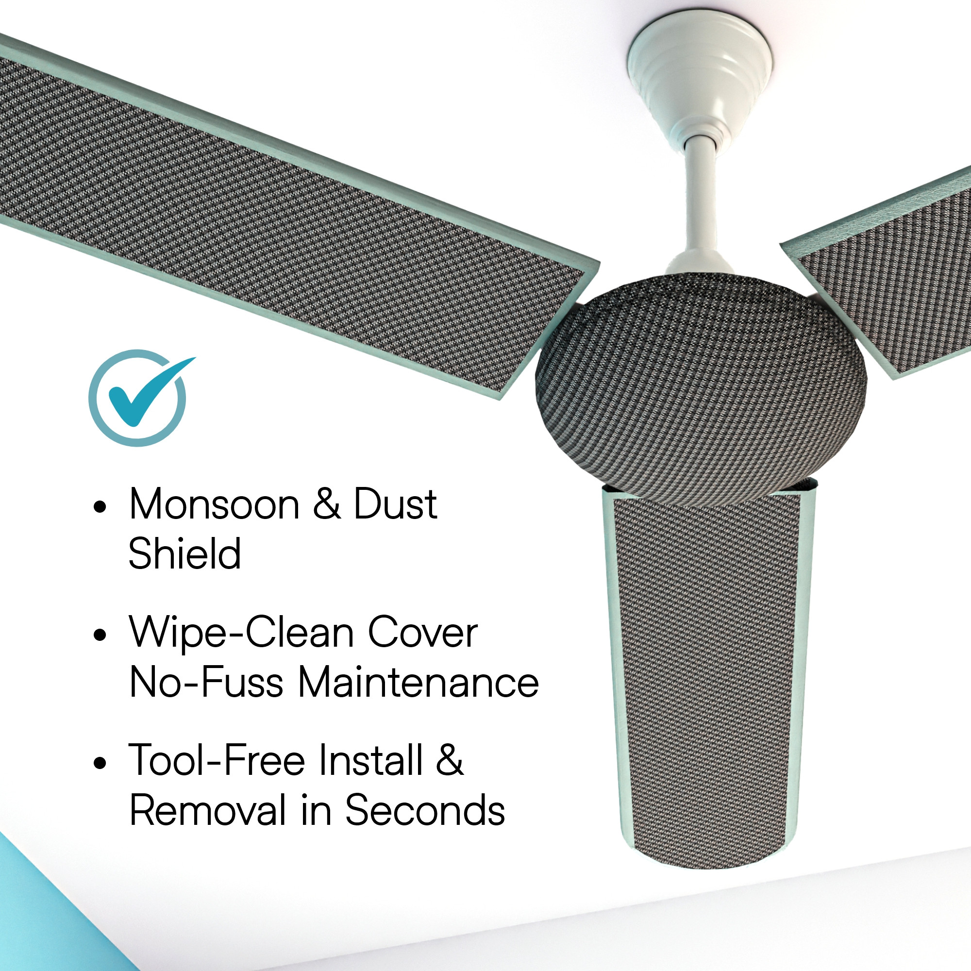 Kuber Industries PVC Ceiling Fan Cover Full Dustproof with attachable end closure  Fan Protector for 3 Blades and Center Cover  Mini Check - Grey