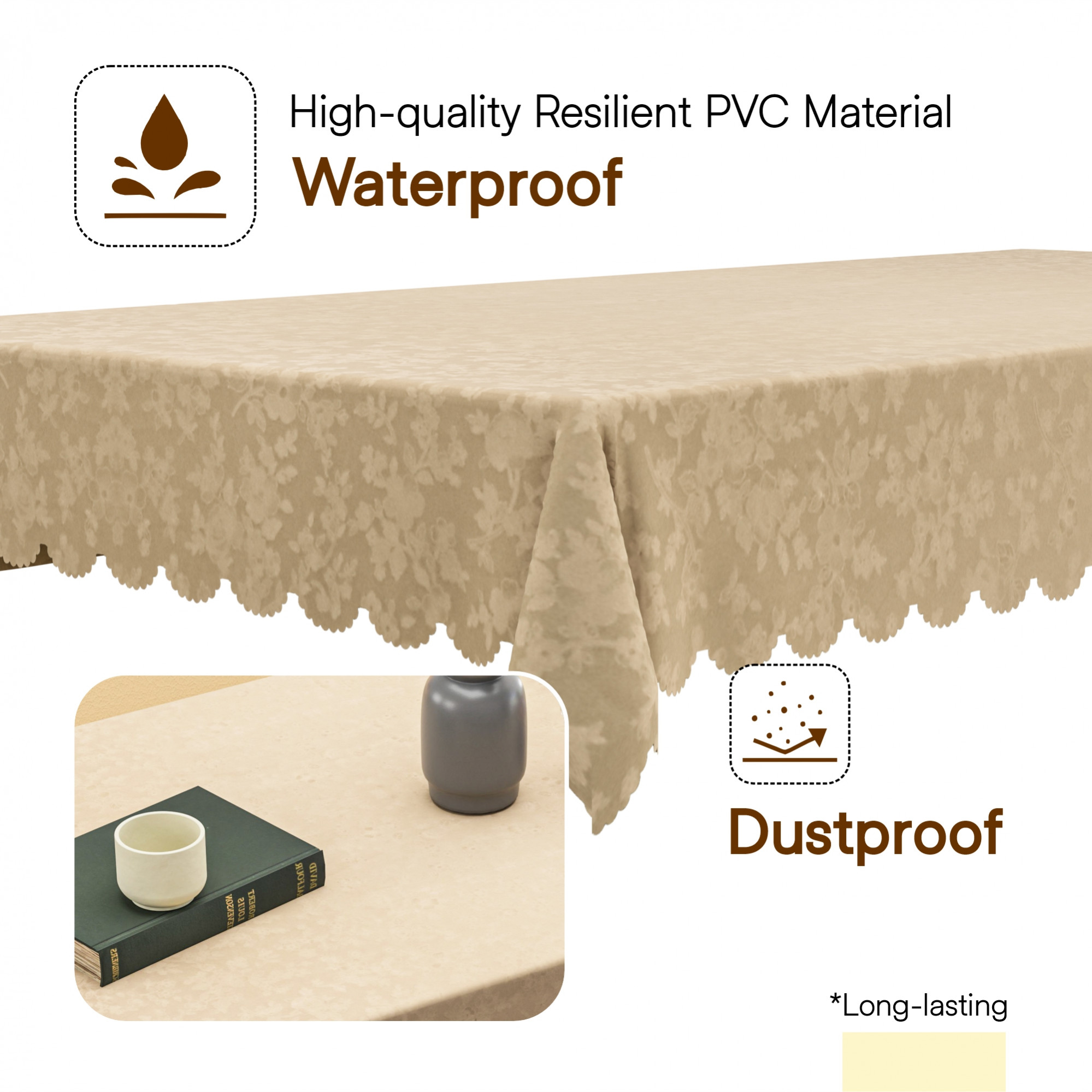 Kuber Industries PVC Center Table Cover Cloth 4 Seater for Teapoy  Water Resistant Tablecloth  Opal Silk Self - Light Brown