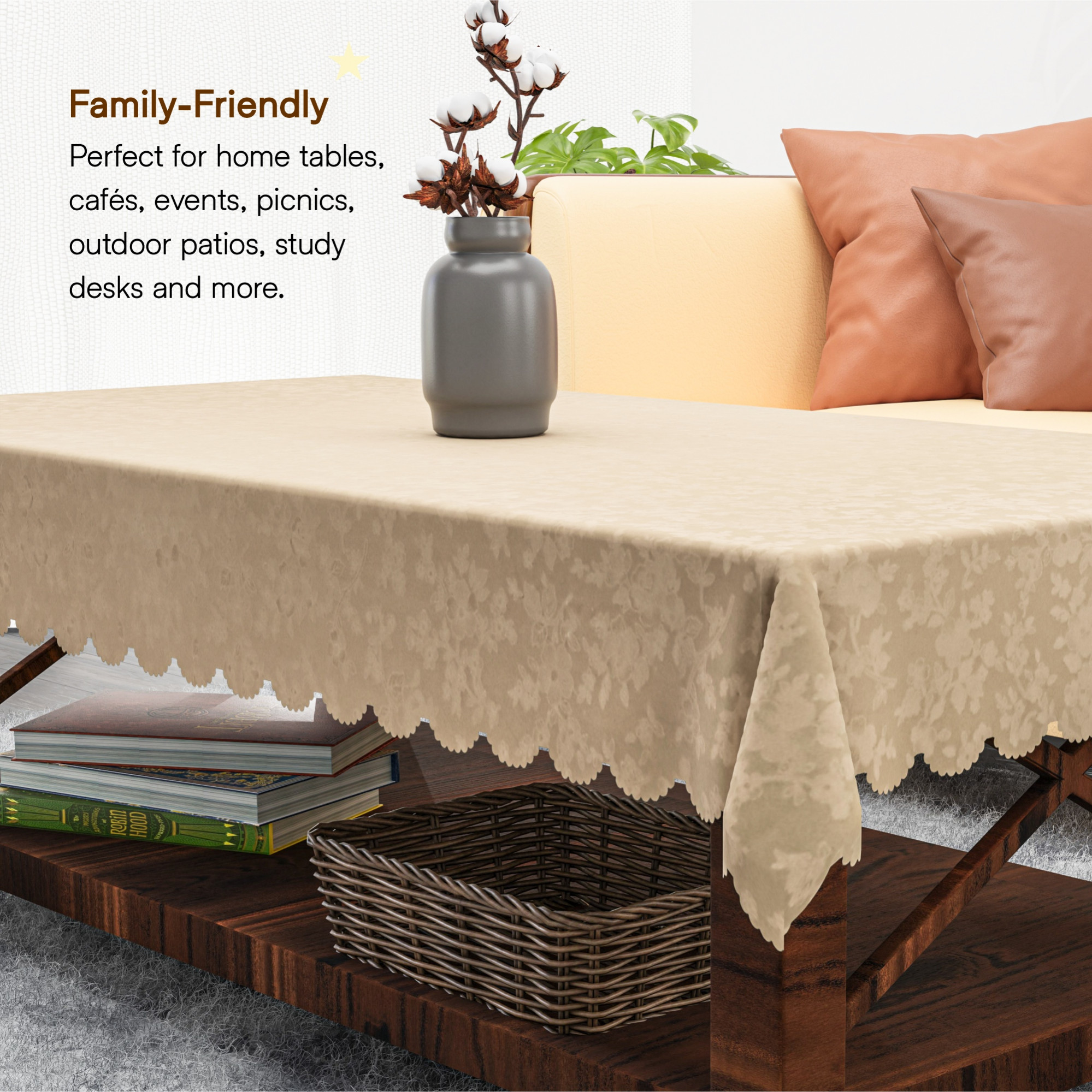Kuber Industries PVC Center Table Cover Cloth 4 Seater for Teapoy  Water Resistant Tablecloth  Opal Silk Self - Light Brown