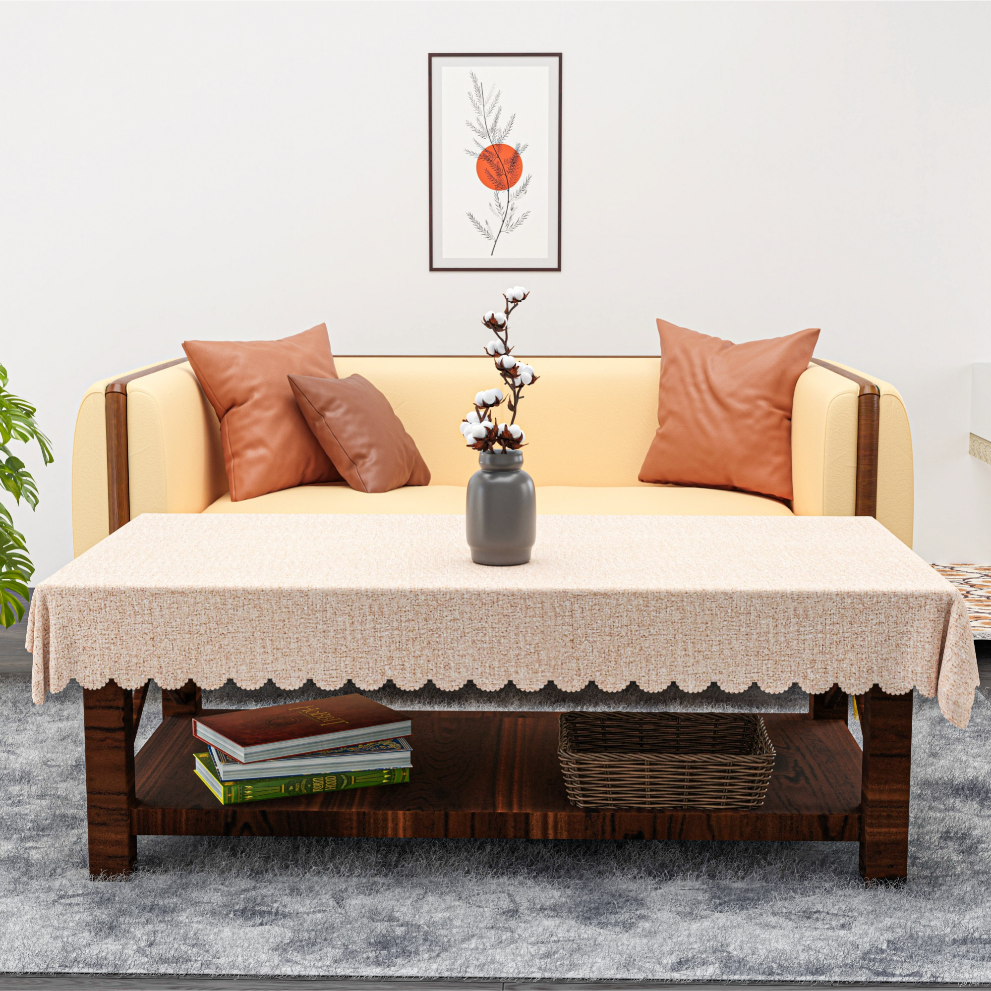 Kuber Industries PVC Center Table Cover Cloth 4 Seater for Teapoy  Water Resistant Tablecloth  Shining Khadi Cutwork - Beige