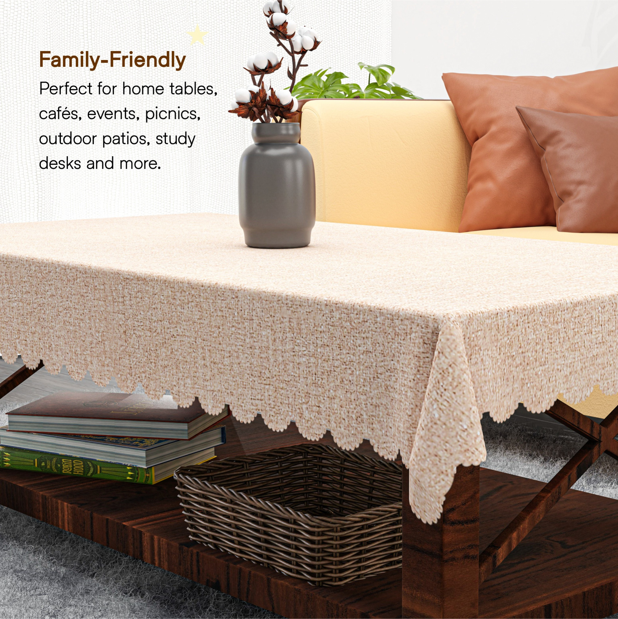 Kuber Industries PVC Center Table Cover Cloth 4 Seater for Teapoy  Water Resistant Tablecloth  Shining Khadi Cutwork - Beige