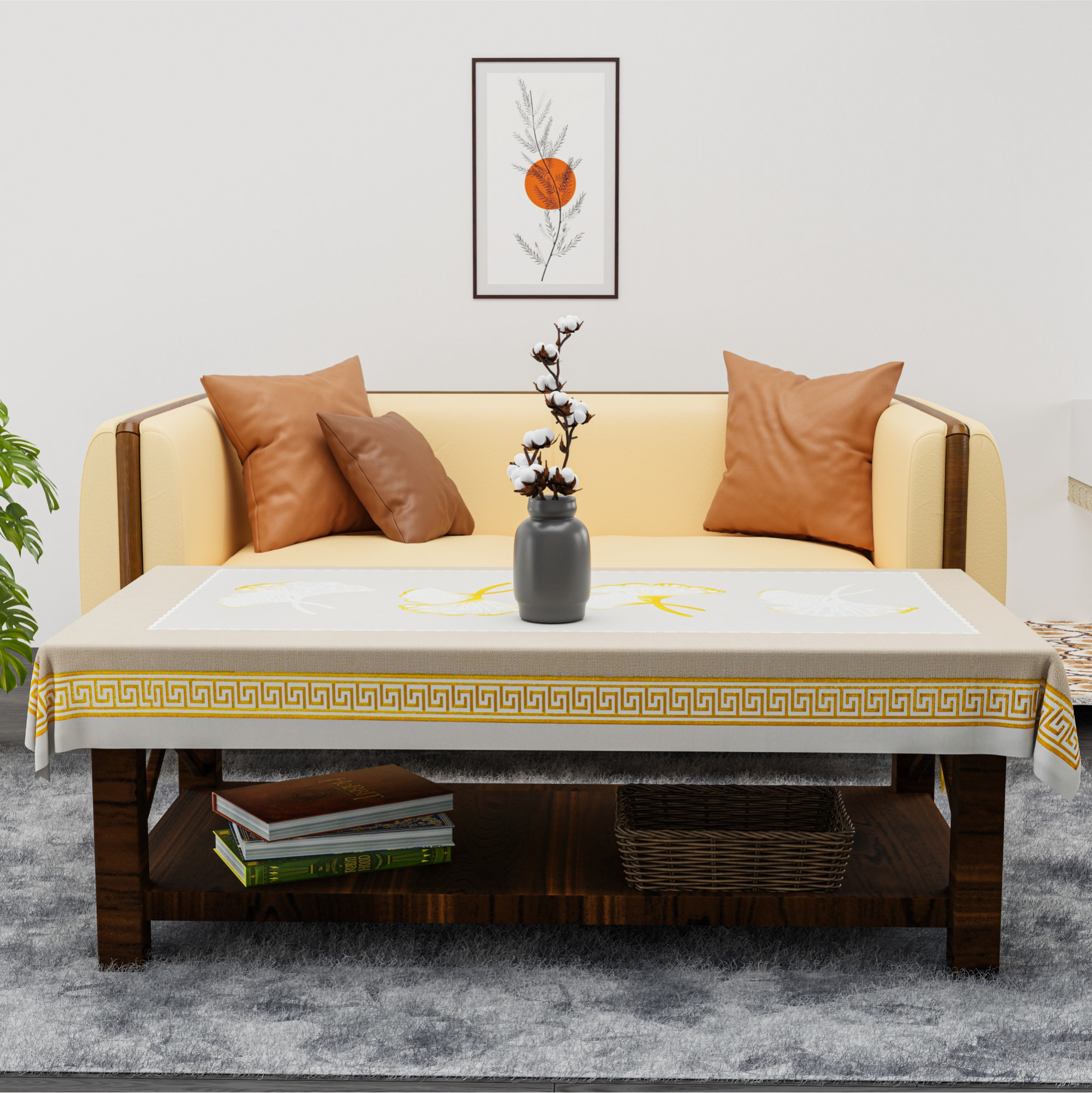 Kuber Industries PVC Center Table Cover Cloth 4 Seater for Teapoy  Water Resistant Tablecloth  Water Lilly Lurex Pannel - Beige