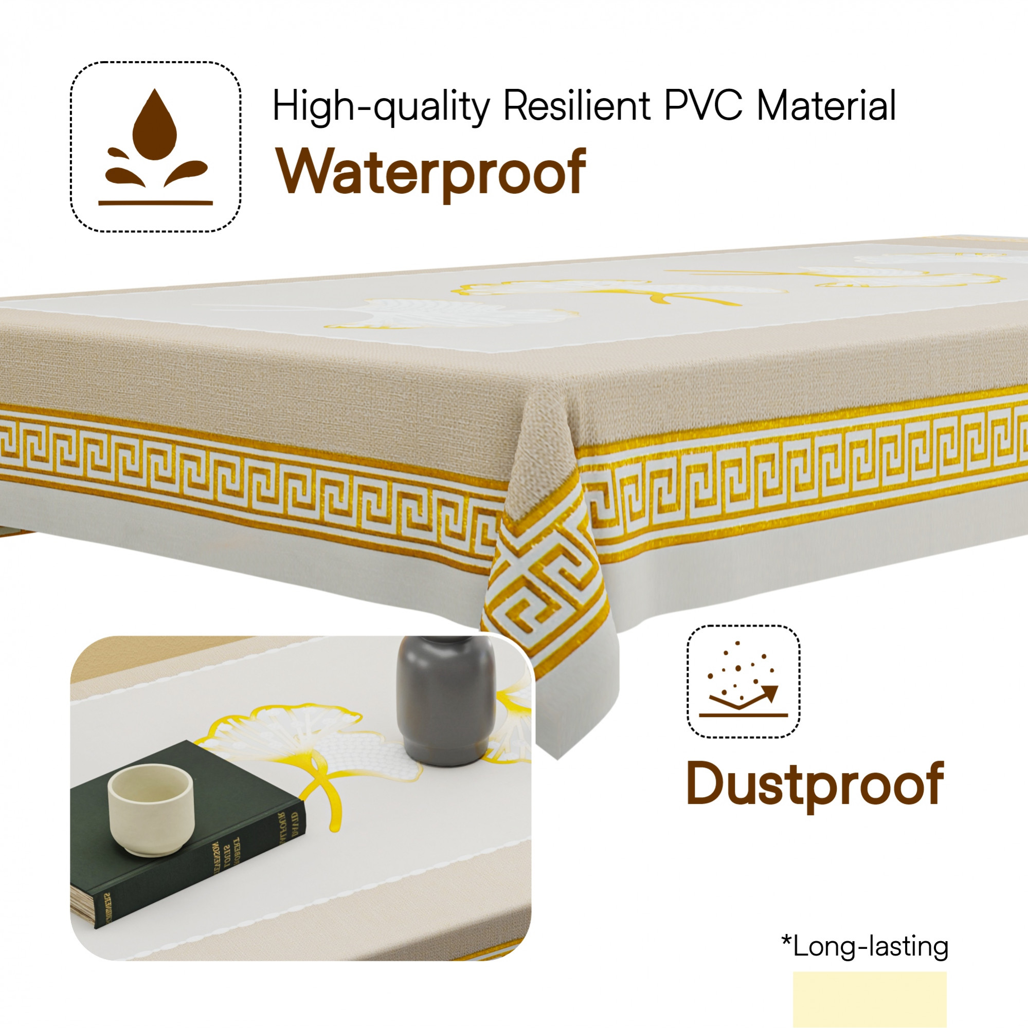 Kuber Industries PVC Center Table Cover Cloth 4 Seater for Teapoy  Water Resistant Tablecloth  Water Lilly Lurex Pannel - Beige