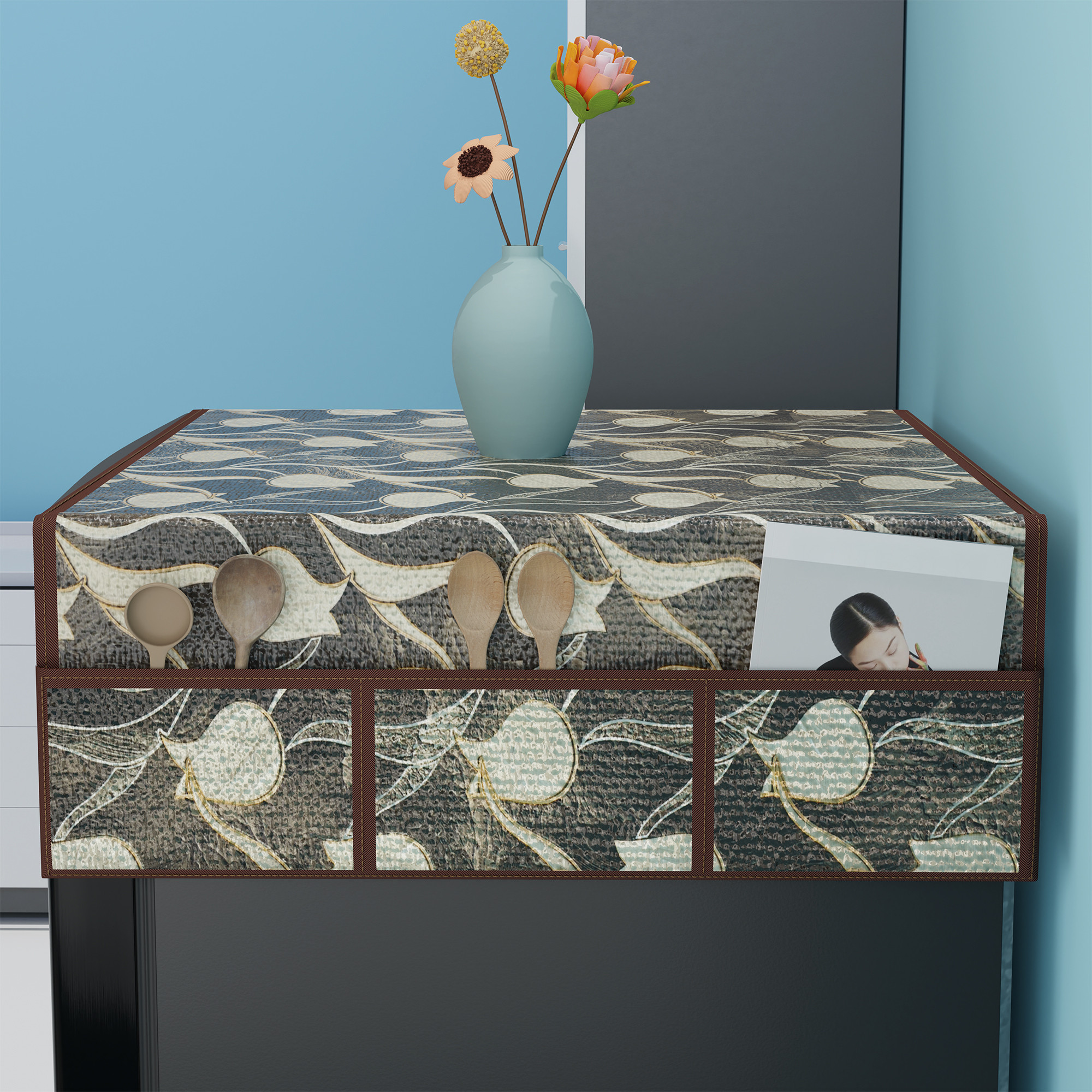 Kuber Industries PVC Dust Proof Fridge Cover Top Single Door with 6 Utility Storage Side Pockets  FreezeRefrigerator Cover Top for Kitchen  Tulip Luxury Cutwork - Brown