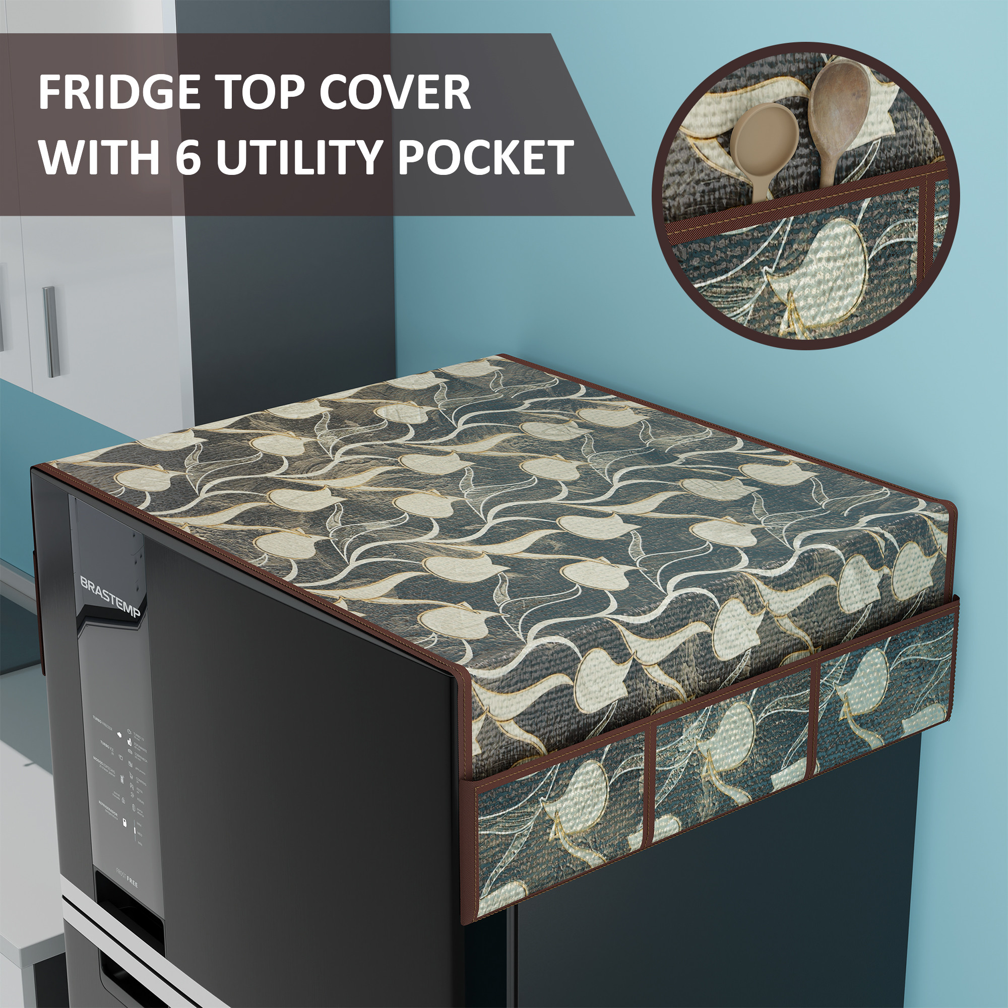 Kuber Industries PVC Dust Proof Fridge Cover Top Single Door with 6 Utility Storage Side Pockets  FreezeRefrigerator Cover Top for Kitchen  Tulip Luxury Cutwork - Brown