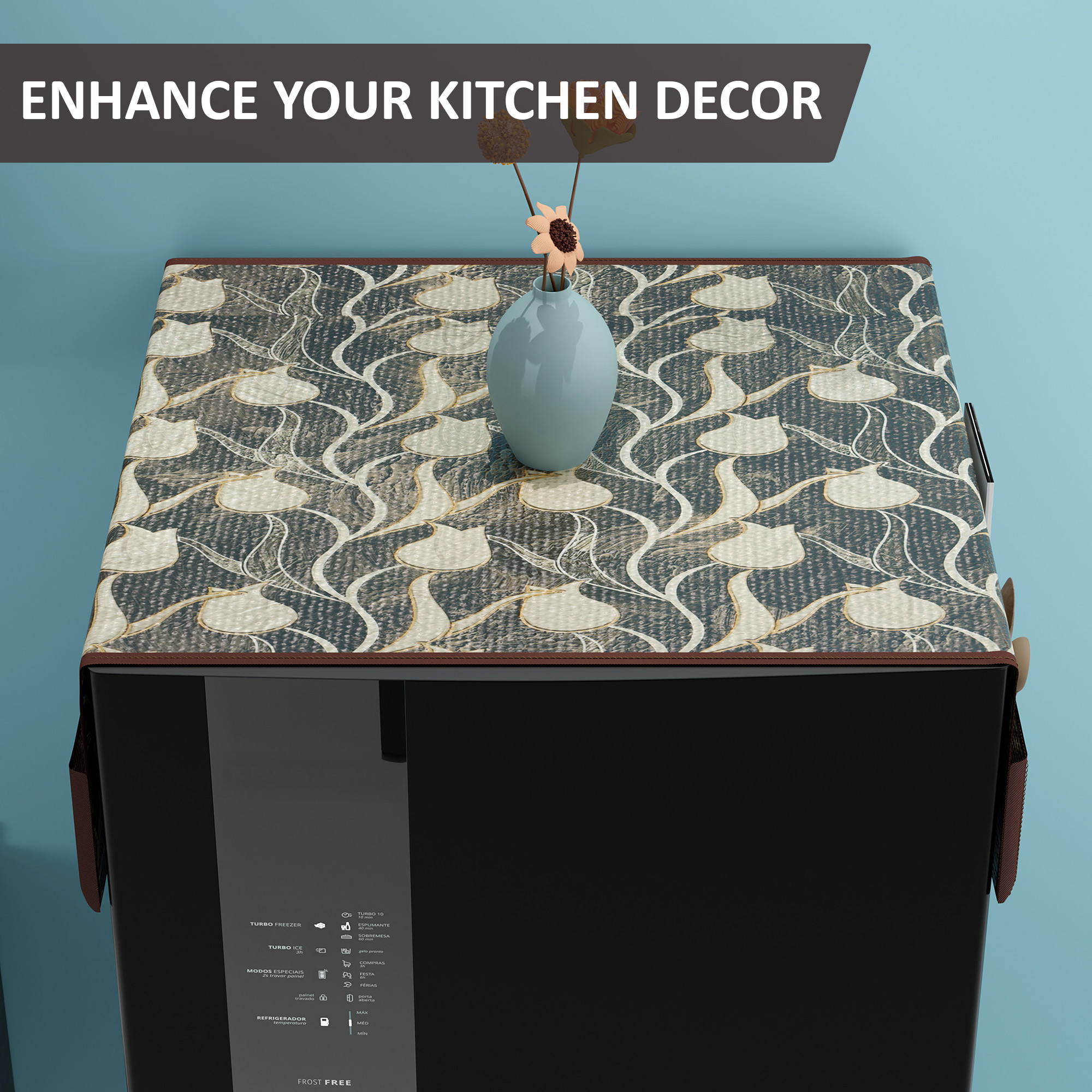 Kuber Industries PVC Dust Proof Fridge Cover Top Single Door with 6 Utility Storage Side Pockets  FreezeRefrigerator Cover Top for Kitchen  Tulip Luxury Cutwork - Brown