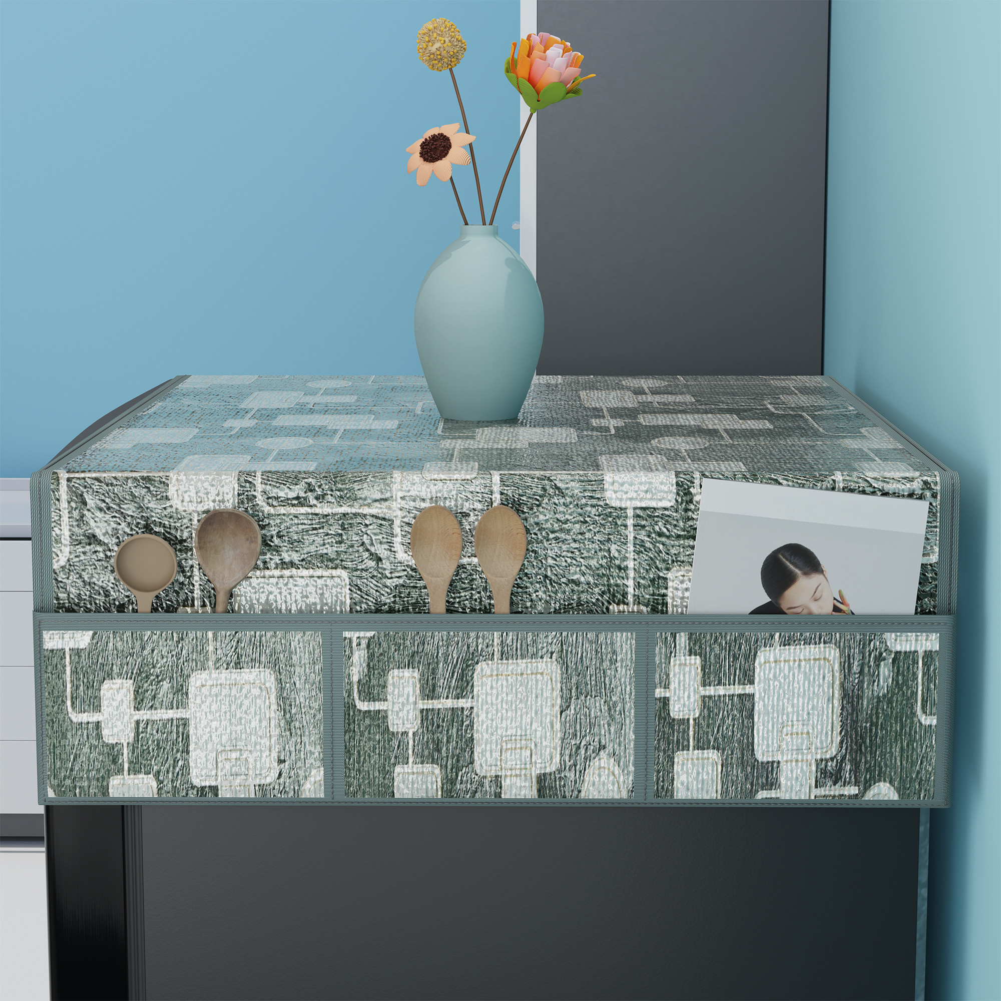 Kuber Industries PVC Dust Proof Fridge Cover Top Single Door with 6 Utility Storage Side Pockets  FreezeRefrigerator Cover Top for Kitchen  Check Circle Luxury Cutwork - Grey