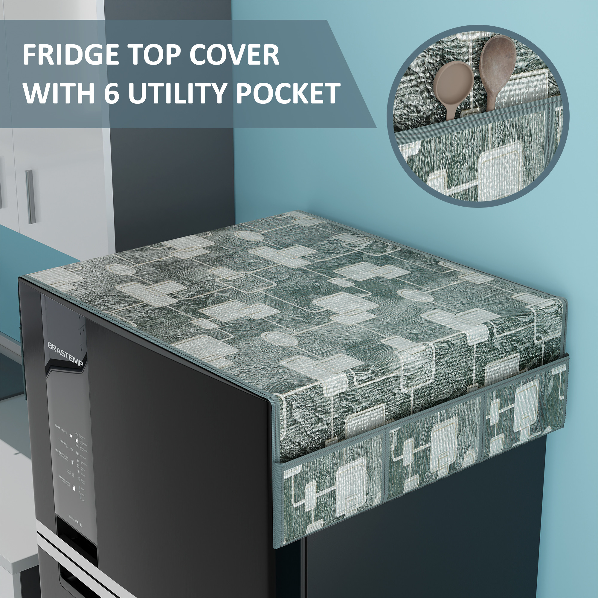 Kuber Industries PVC Dust Proof Fridge Cover Top Single Door with 6 Utility Storage Side Pockets  FreezeRefrigerator Cover Top for Kitchen  Check Circle Luxury Cutwork - Grey