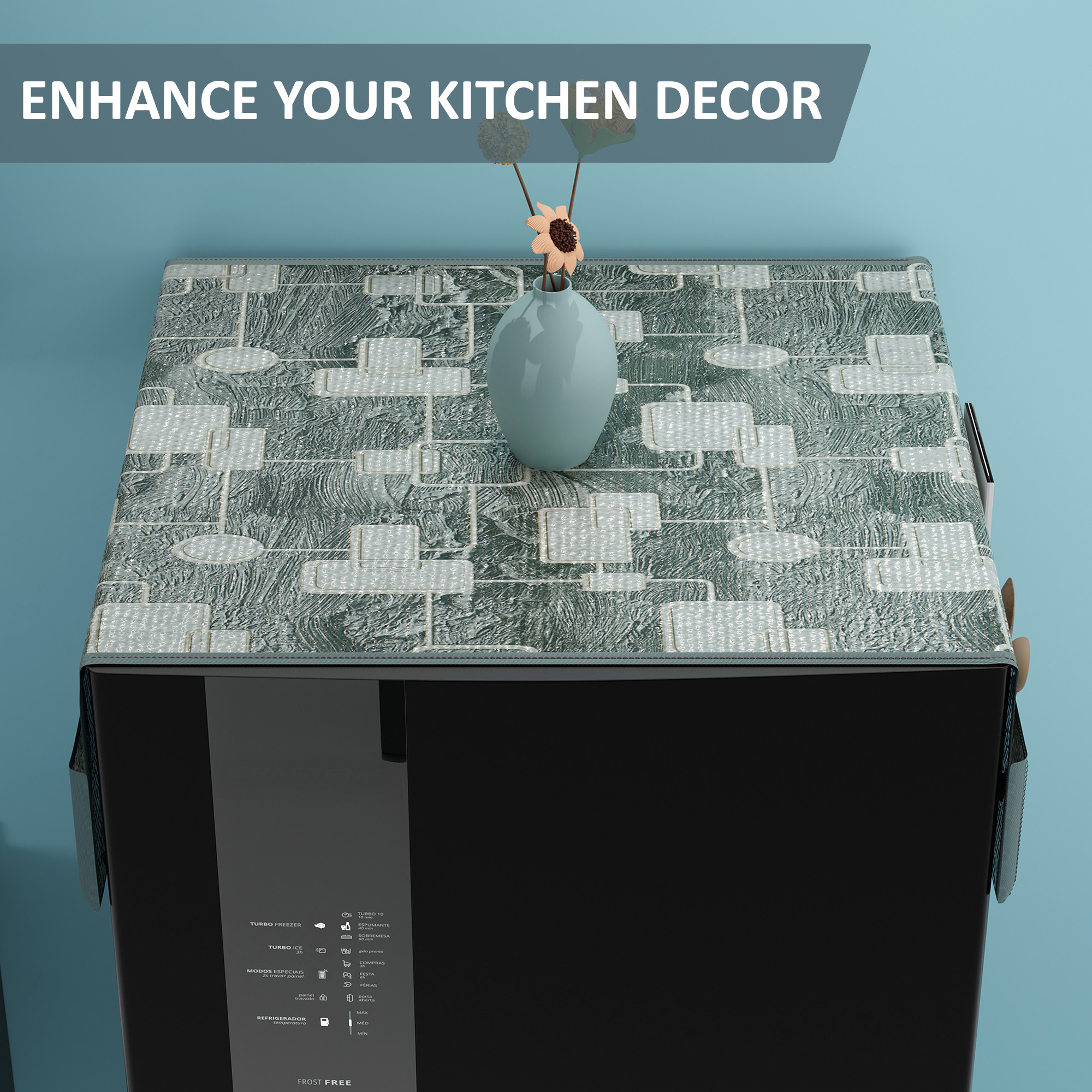 Kuber Industries PVC Dust Proof Fridge Cover Top Single Door with 6 Utility Storage Side Pockets  FreezeRefrigerator Cover Top for Kitchen  Check Circle Luxury Cutwork - Grey