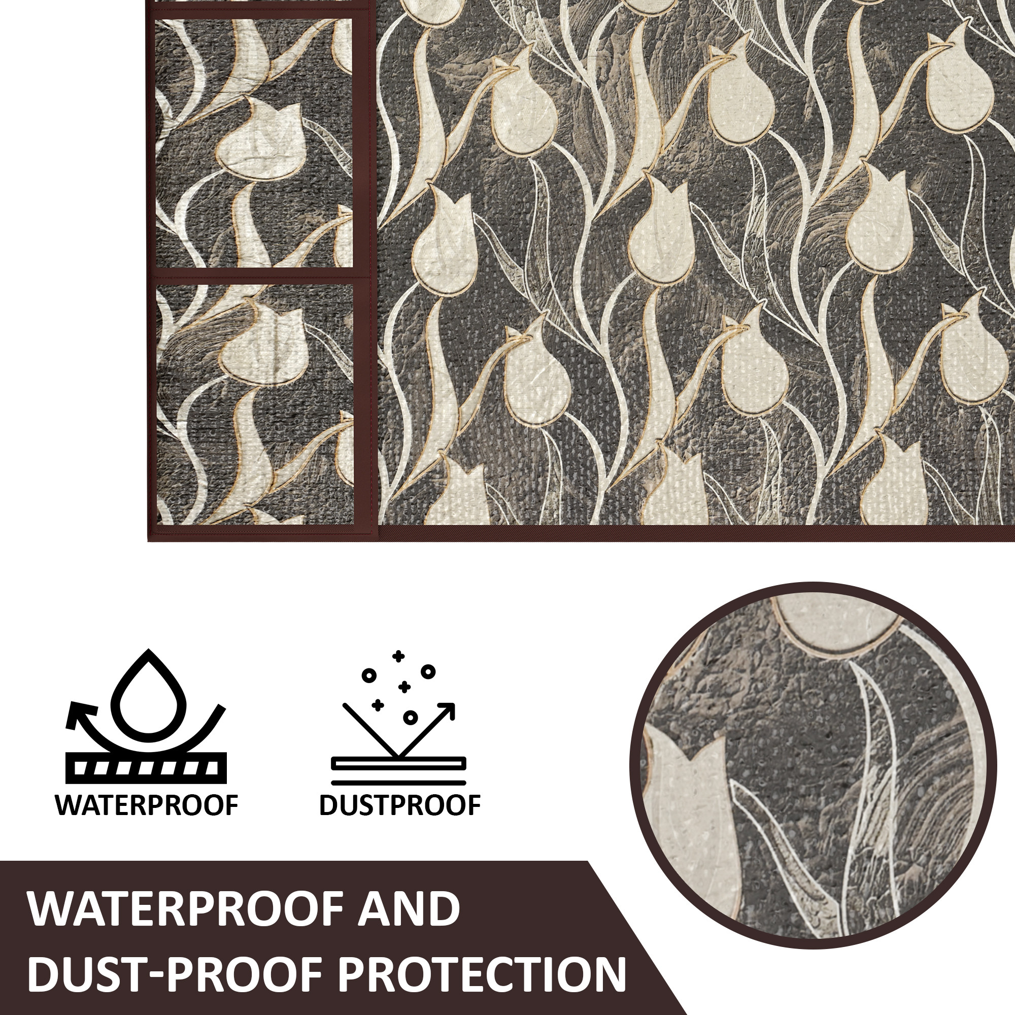 Kuber Industries PVC Dust Proof Fridge Cover Top Single Door with 6 Utility Storage Side Pockets  FreezeRefrigerator Cover Top for Kitchen  Tulip Luxury Cutwork - Brown