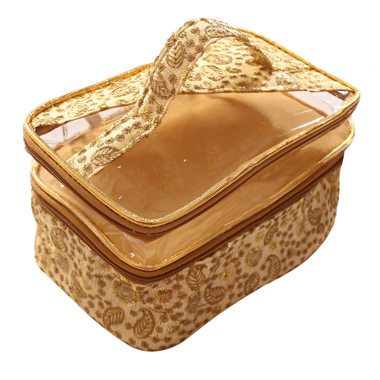 Kuber Industries PVC Embroidery Design Transparent Travel Jewellery Organizer|Cosmetic Utility Kit With 2 Compartment And Inside Pocket (Golden)