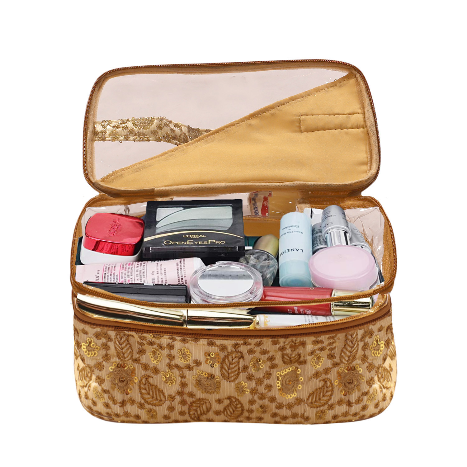Kuber Industries PVC Embroidery Design Transparent Travel Jewellery Organizer|Cosmetic Utility Kit With 2 Compartment And Inside Pocket (Golden)