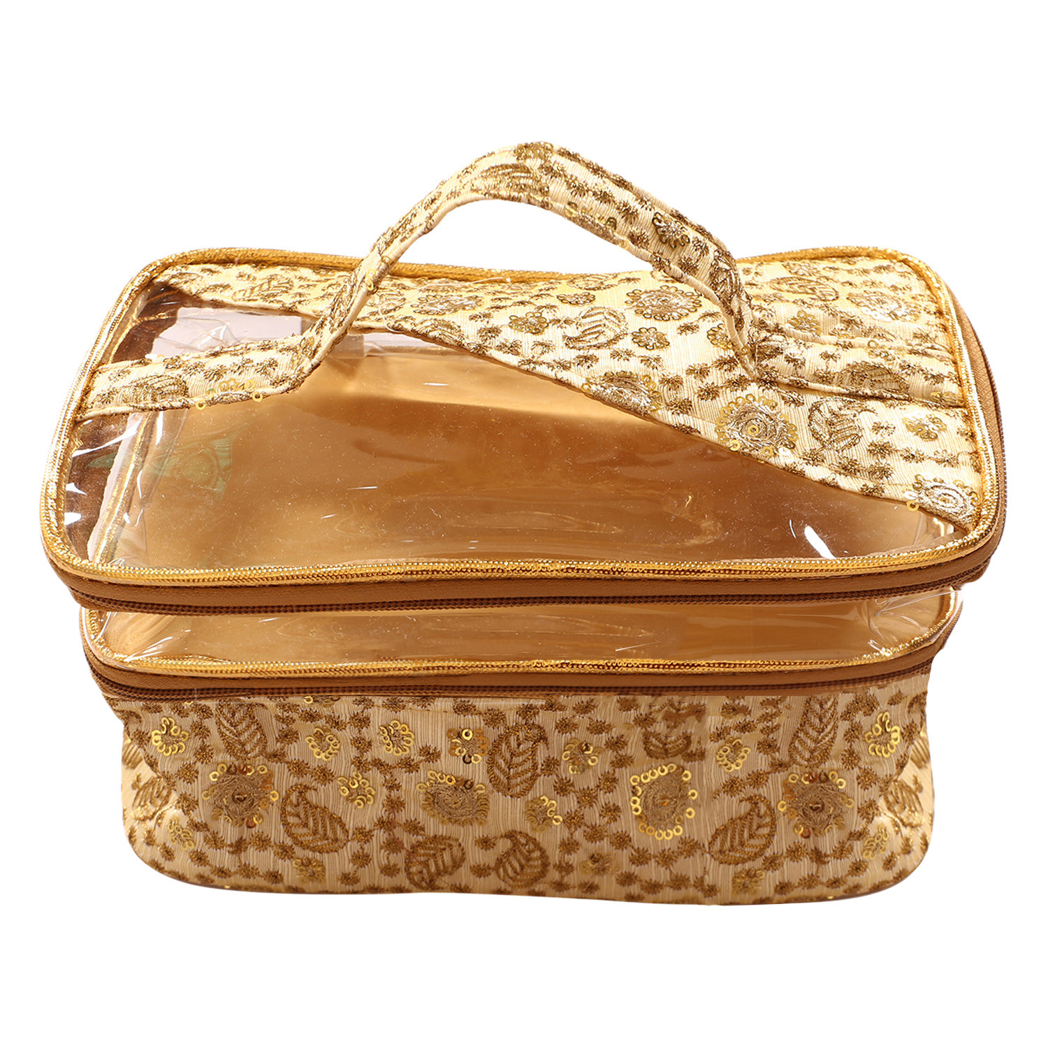 Kuber Industries PVC Embroidery Design Transparent Travel Jewellery Organizer|Cosmetic Utility Kit With 2 Compartment And Inside Pocket (Golden)