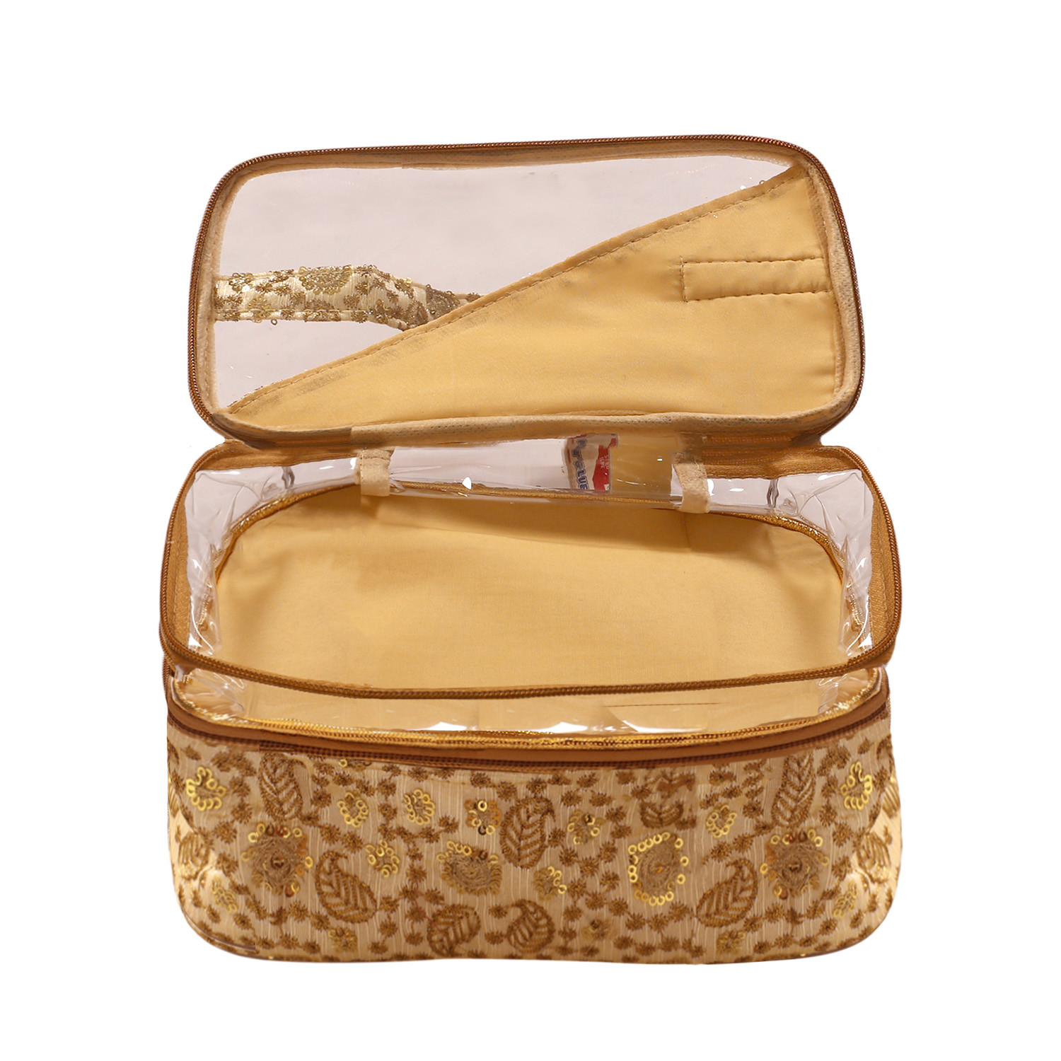Kuber Industries PVC Embroidery Design Transparent Travel Jewellery Organizer|Cosmetic Utility Kit With 2 Compartment And Inside Pocket (Golden)