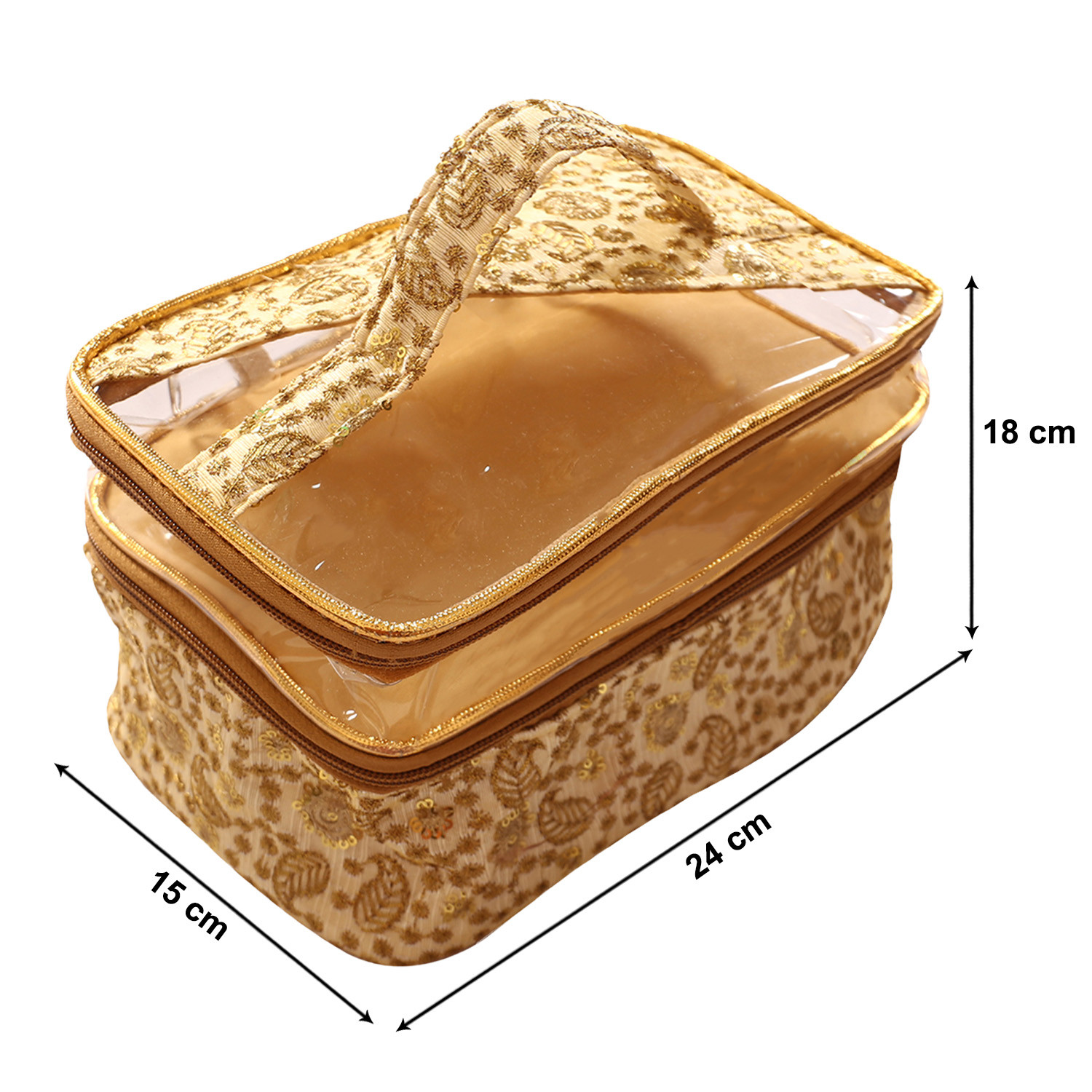 Kuber Industries PVC Embroidery Design Transparent Travel Jewellery Organizer|Cosmetic Utility Kit With 2 Compartment And Inside Pocket (Golden)