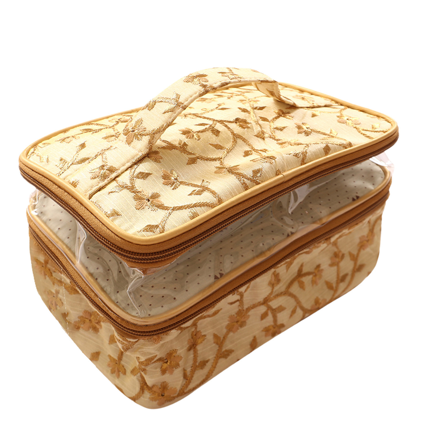 Kuber Industries PVC Embroidery Design Travel Jewellery Organizer|Cosmetic Utility Kit With 2 Compartment And Inside Pocket  (Cream)