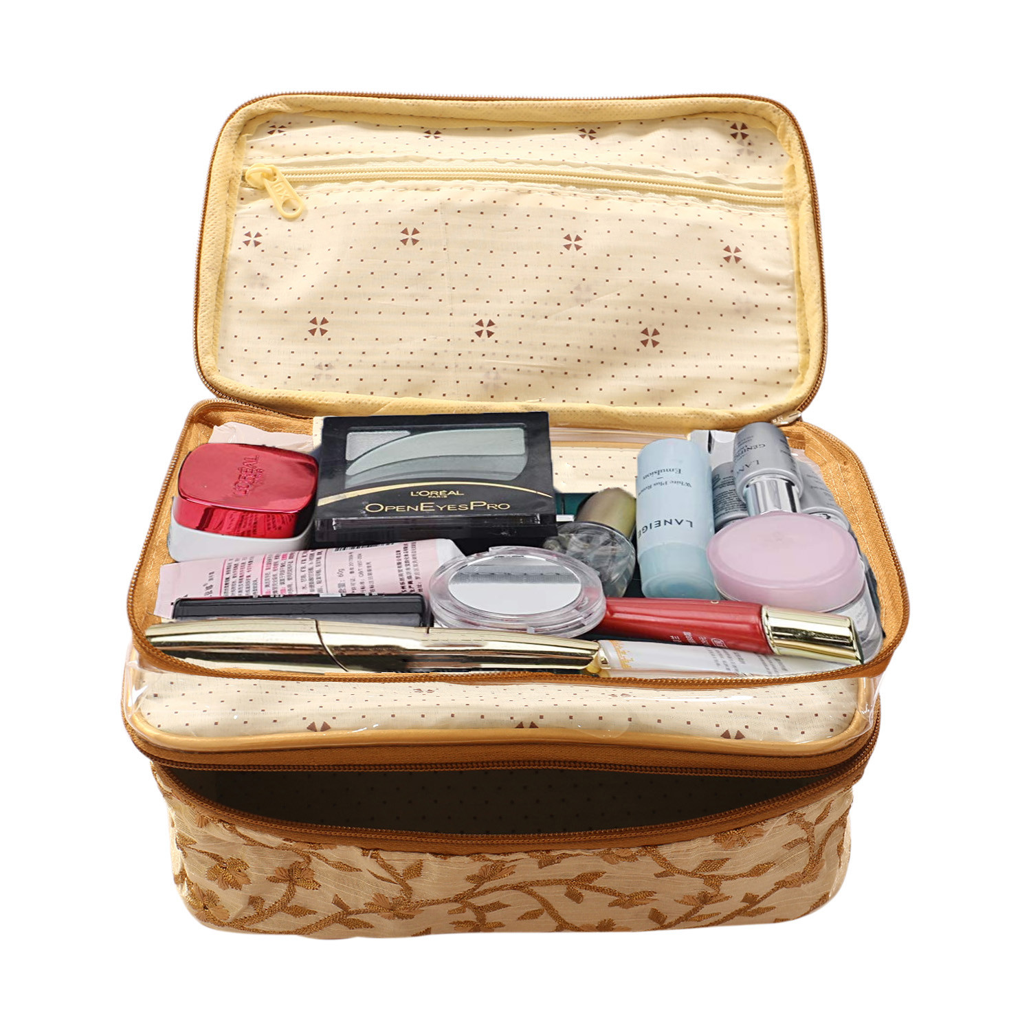 Kuber Industries PVC Embroidery Design Travel Jewellery Organizer|Cosmetic Utility Kit With 2 Compartment And Inside Pocket  (Cream)