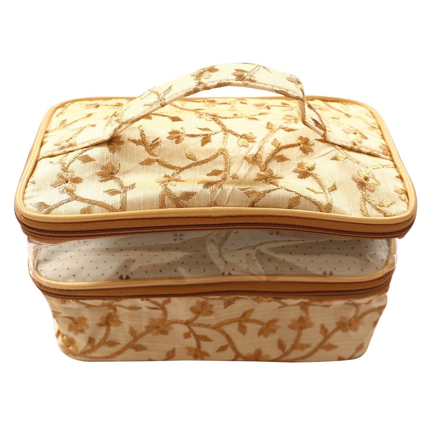 Kuber Industries PVC Embroidery Design Travel Jewellery Organizer|Cosmetic Utility Kit With 2 Compartment And Inside Pocket  (Cream)