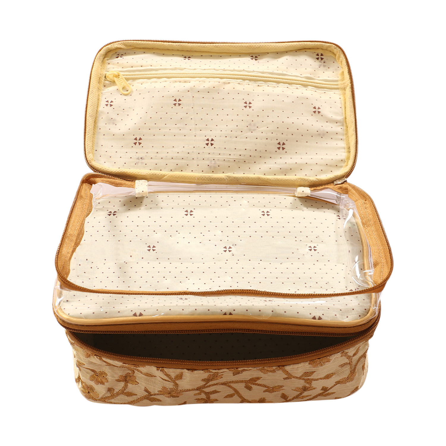 Kuber Industries PVC Embroidery Design Travel Jewellery Organizer|Cosmetic Utility Kit With 2 Compartment And Inside Pocket  (Cream)