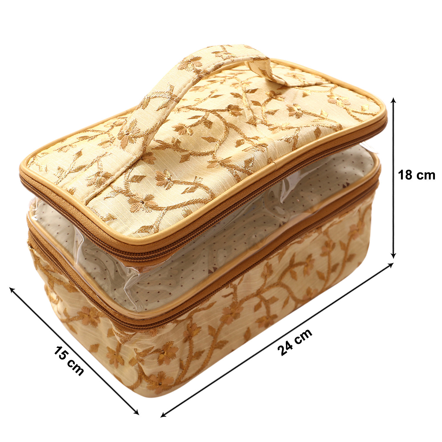 Kuber Industries PVC Embroidery Design Travel Jewellery Organizer|Cosmetic Utility Kit With 2 Compartment And Inside Pocket  (Cream)
