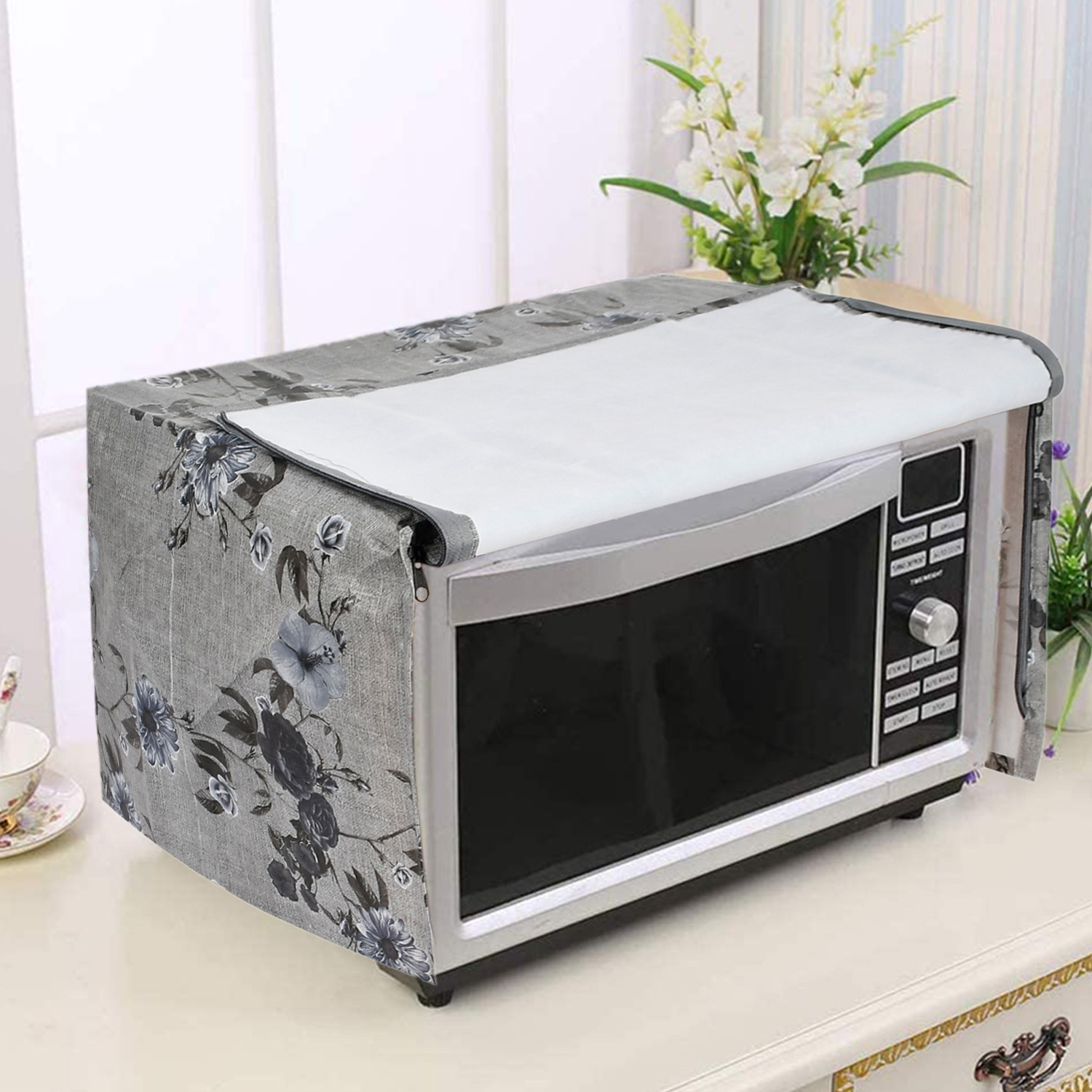 Kuber Industries PVC Flower Printed Microwave Oven Cover, Dustproof Machine Protector Cover,20 Ltr. (Grey)