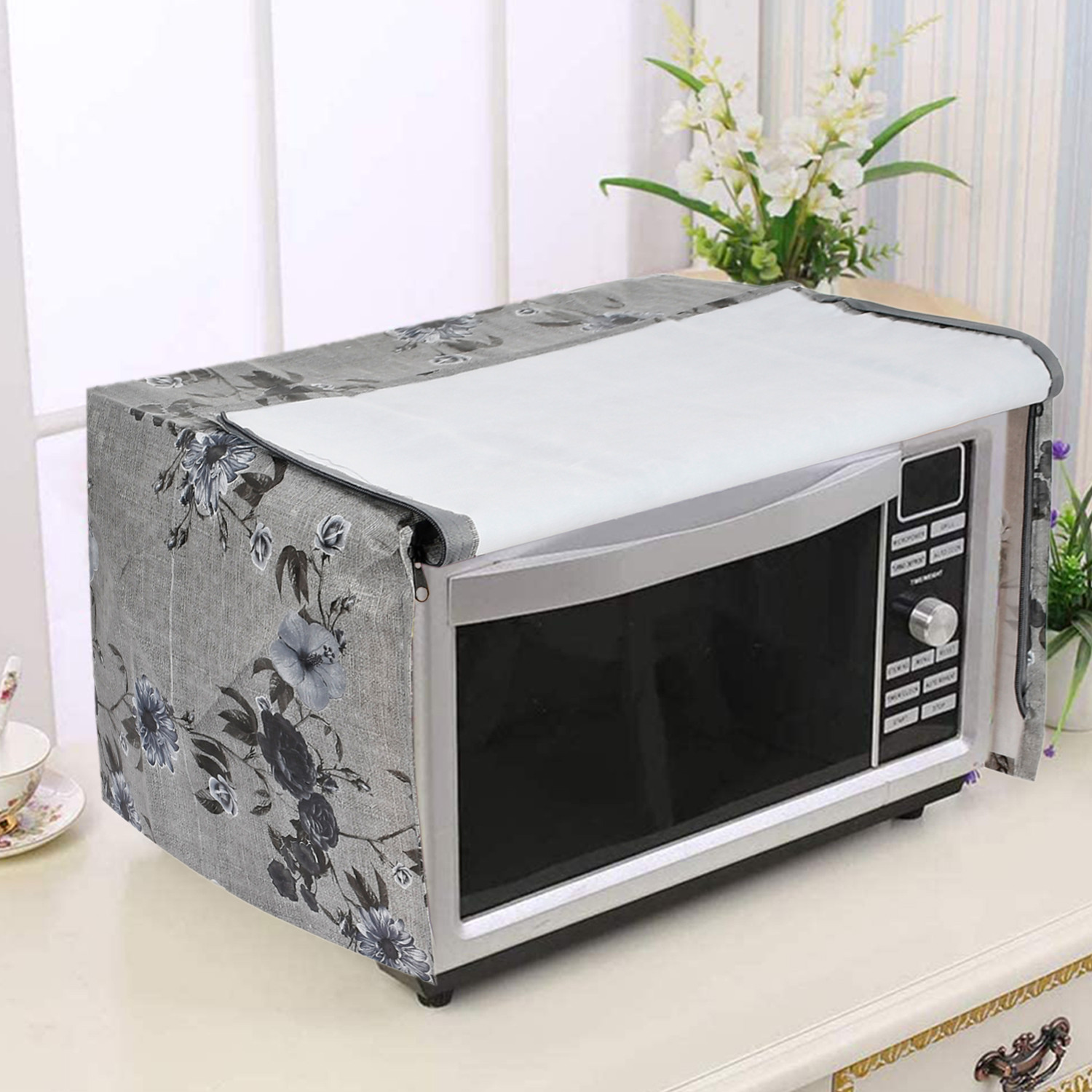 Kuber Industries PVC Flower Printed Microwave Oven Cover, Dustproof Machine Protector Cover,23 Ltr. (Grey)