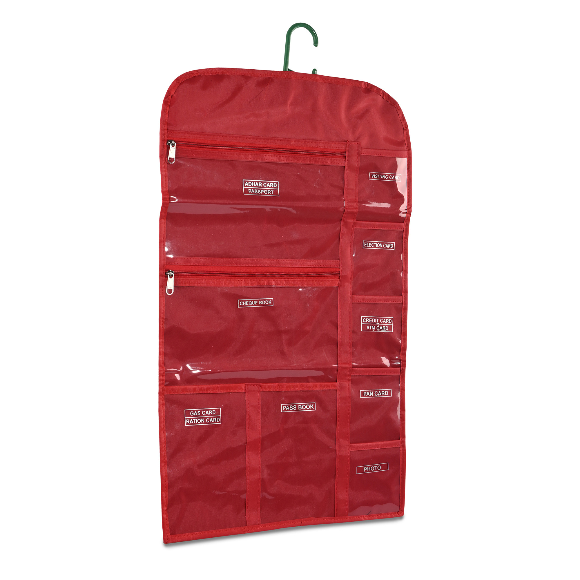 Kuber Industries PVC Foldable Wardrobe Hanging Document Holder With 10 Pockets  Lightweight Wall Pocket Storage File Organizer For Home  Office  Red