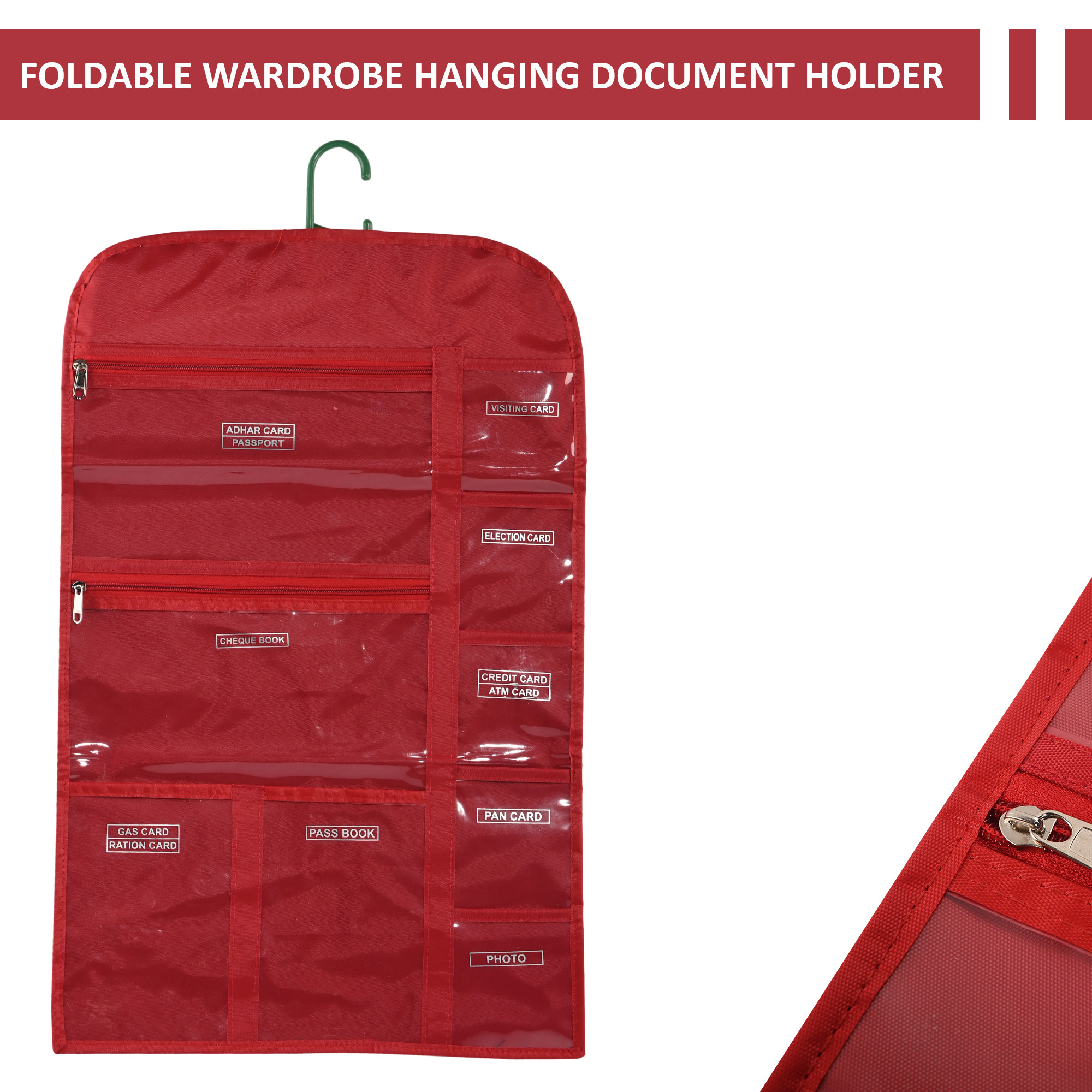 Kuber Industries PVC Foldable Wardrobe Hanging Document Holder With 10 Pockets  Lightweight Wall Pocket Storage File Organizer For Home  Office  Red