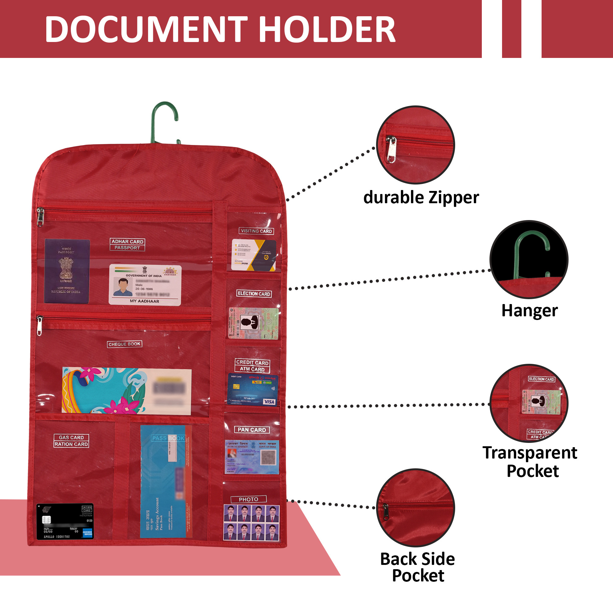 Kuber Industries PVC Foldable Wardrobe Hanging Document Holder With 10 Pockets  Lightweight Wall Pocket Storage File Organizer For Home  Office  Red