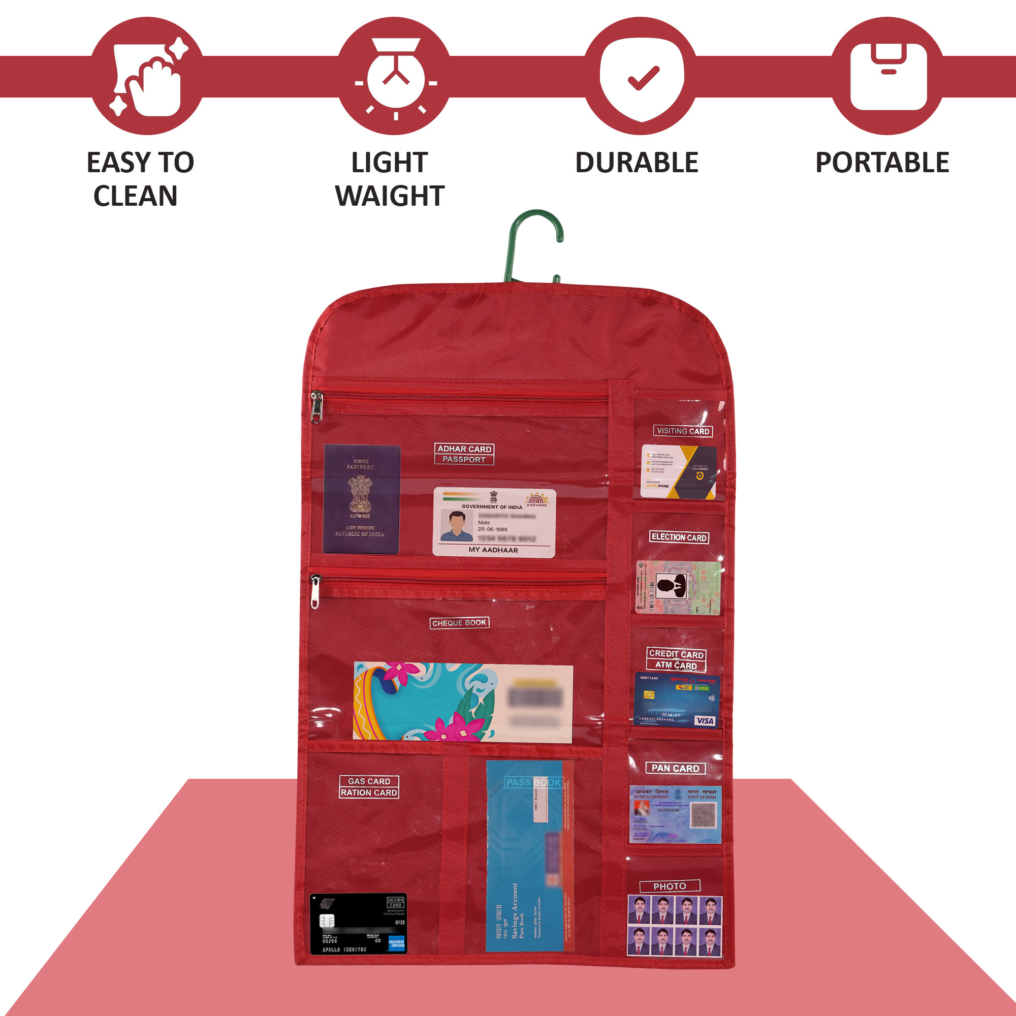 Kuber Industries PVC Foldable Wardrobe Hanging Document Holder With 10 Pockets  Lightweight Wall Pocket Storage File Organizer For Home  Office  Red