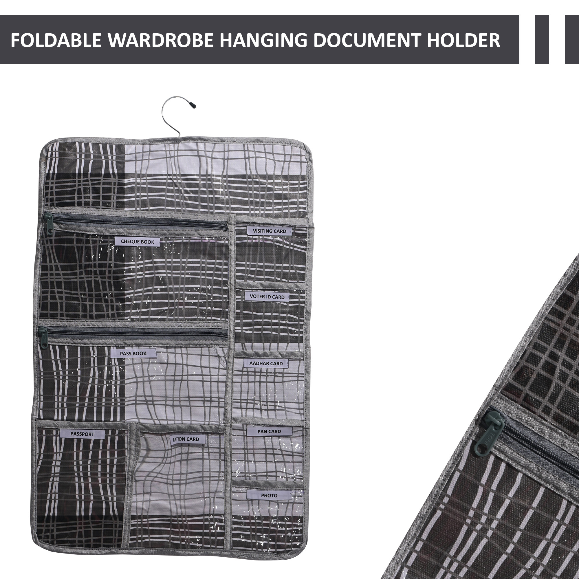 Kuber Industries PVC Foldable Wardrobe Hanging Document Holder With 10 Pockets  Wall Pocket Storage File Organizer For Home  Office  Lining Design - Grey  Black
