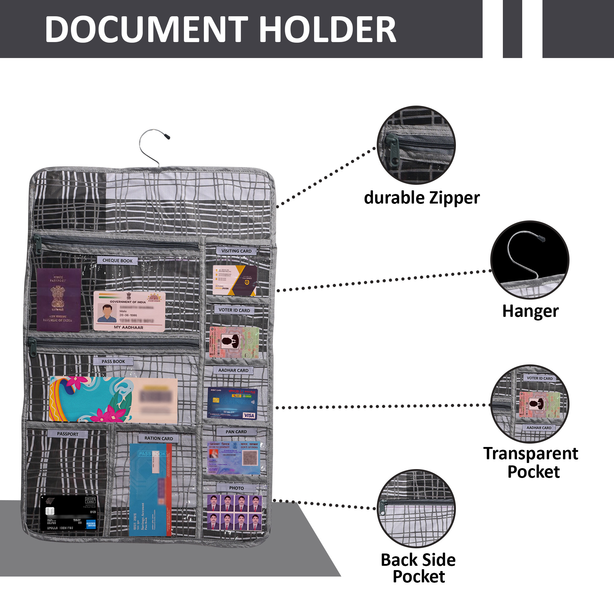 Kuber Industries PVC Foldable Wardrobe Hanging Document Holder With 10 Pockets  Wall Pocket Storage File Organizer For Home  Office  Lining Design - Grey  Black