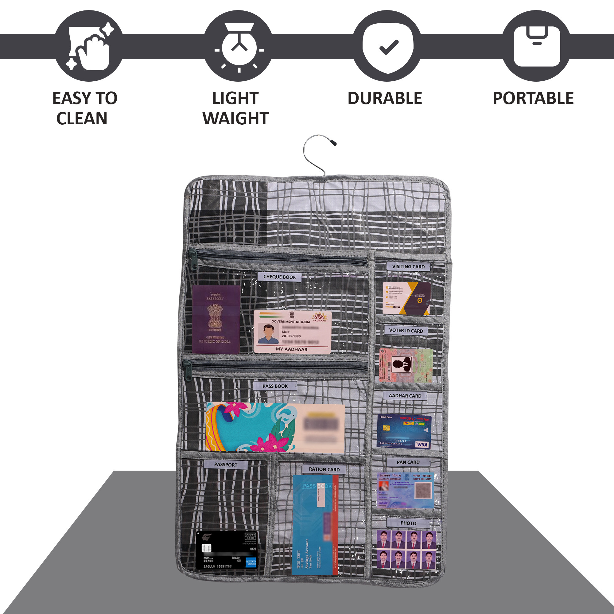 Kuber Industries PVC Foldable Wardrobe Hanging Document Holder With 10 Pockets  Wall Pocket Storage File Organizer For Home  Office  Lining Design - Grey  Black