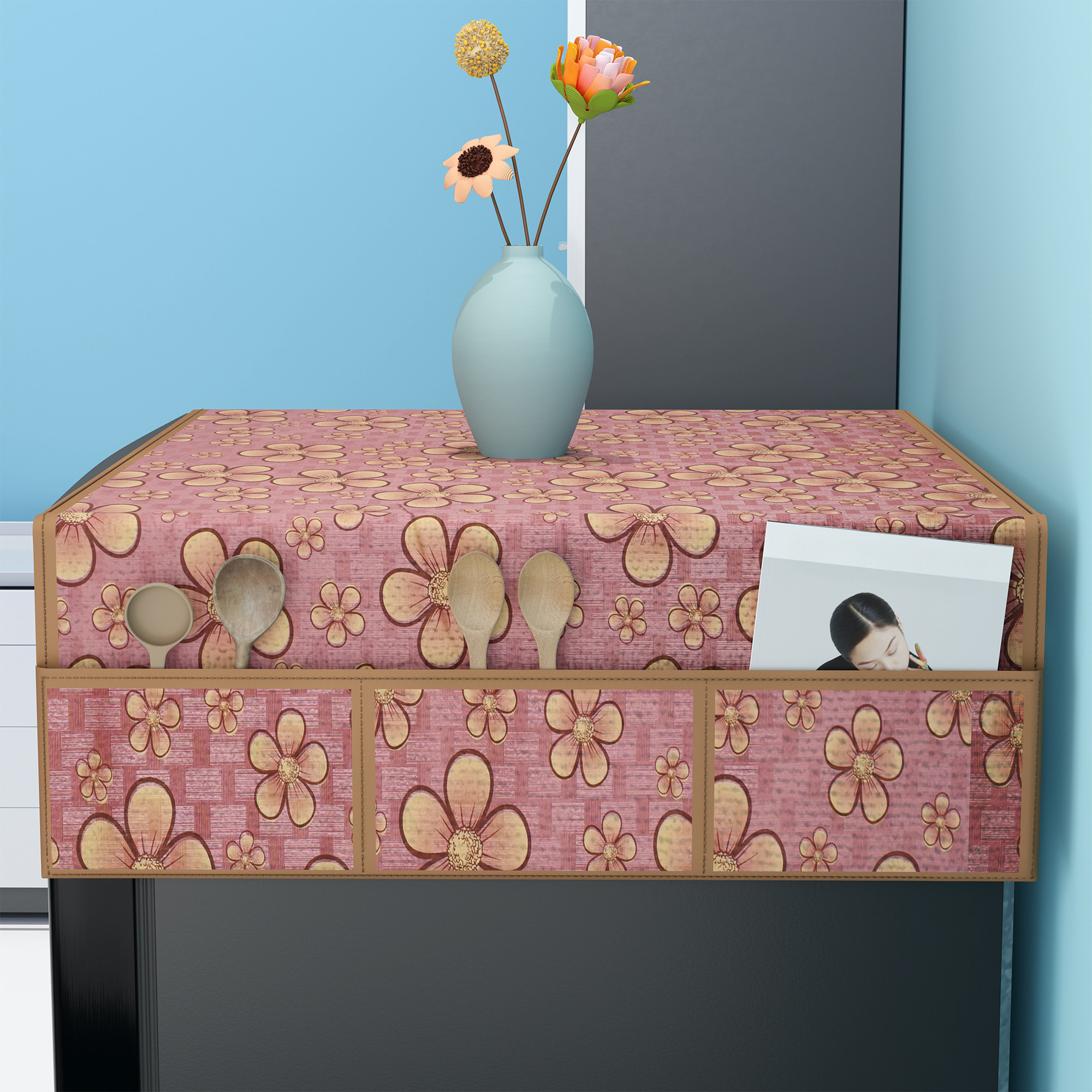 Kuber Industries PVC Fridge Cover Top Single Door with 6 Utility Side Pockets  Anti-Dust FreezeRefrigerator Top Cover for Kitchen  Yellow Flower - Purple