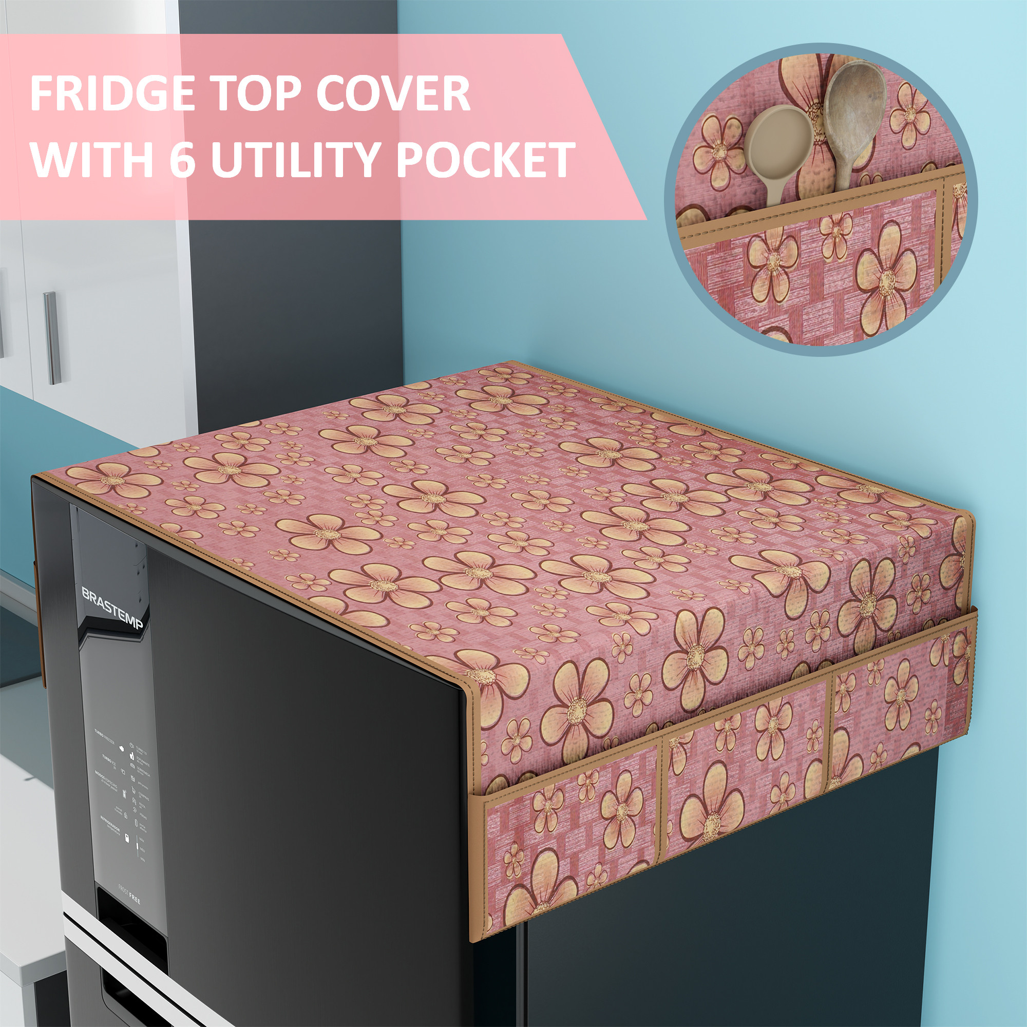 Kuber Industries PVC Fridge Cover Top Single Door with 6 Utility Side Pockets  Anti-Dust FreezeRefrigerator Top Cover for Kitchen  Yellow Flower - Purple