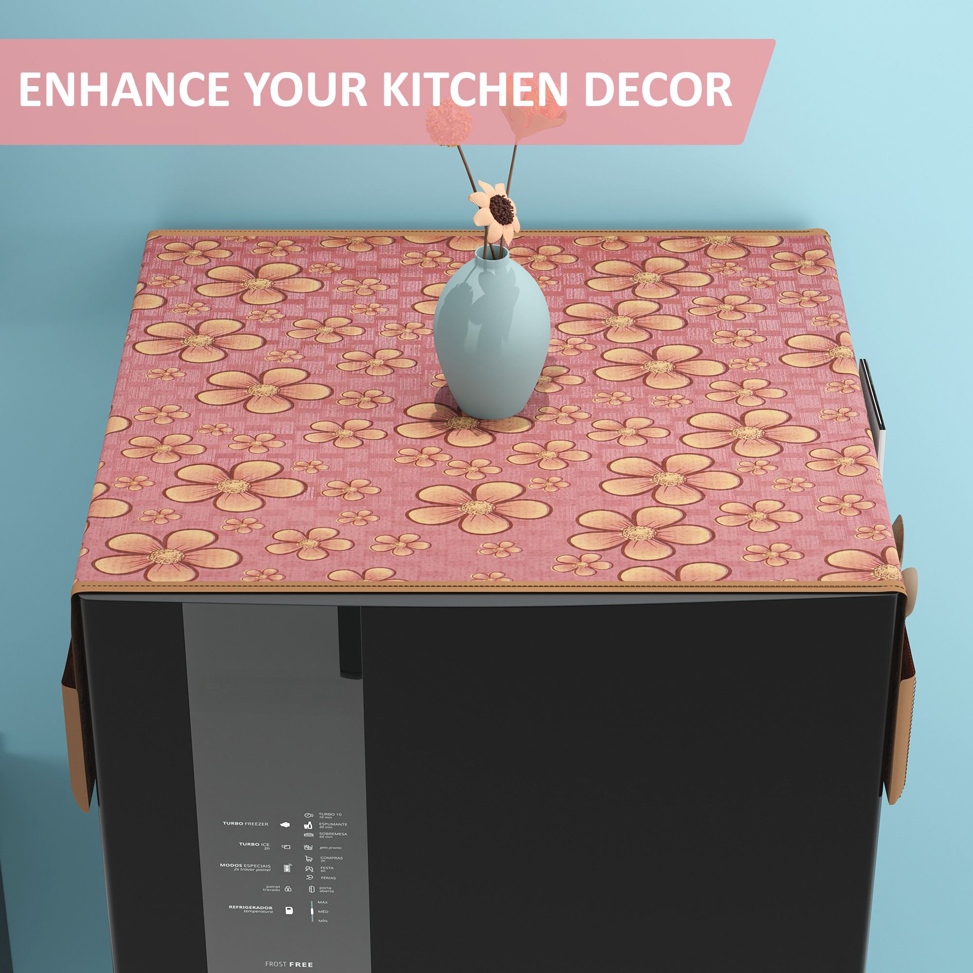 Kuber Industries PVC Fridge Cover Top Single Door with 6 Utility Side Pockets  Anti-Dust FreezeRefrigerator Top Cover for Kitchen  Yellow Flower - Purple