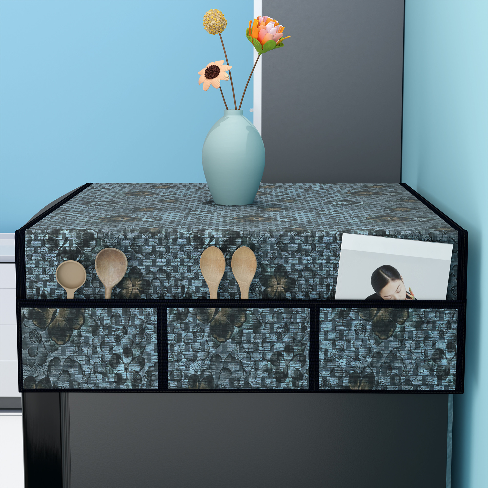 Kuber Industries PVC Fridge Cover Top Single Door with 6 Utility Side Pockets  Anti-Dust FreezeRefrigerator Top Cover for Kitchen  Flower - Grey  Black