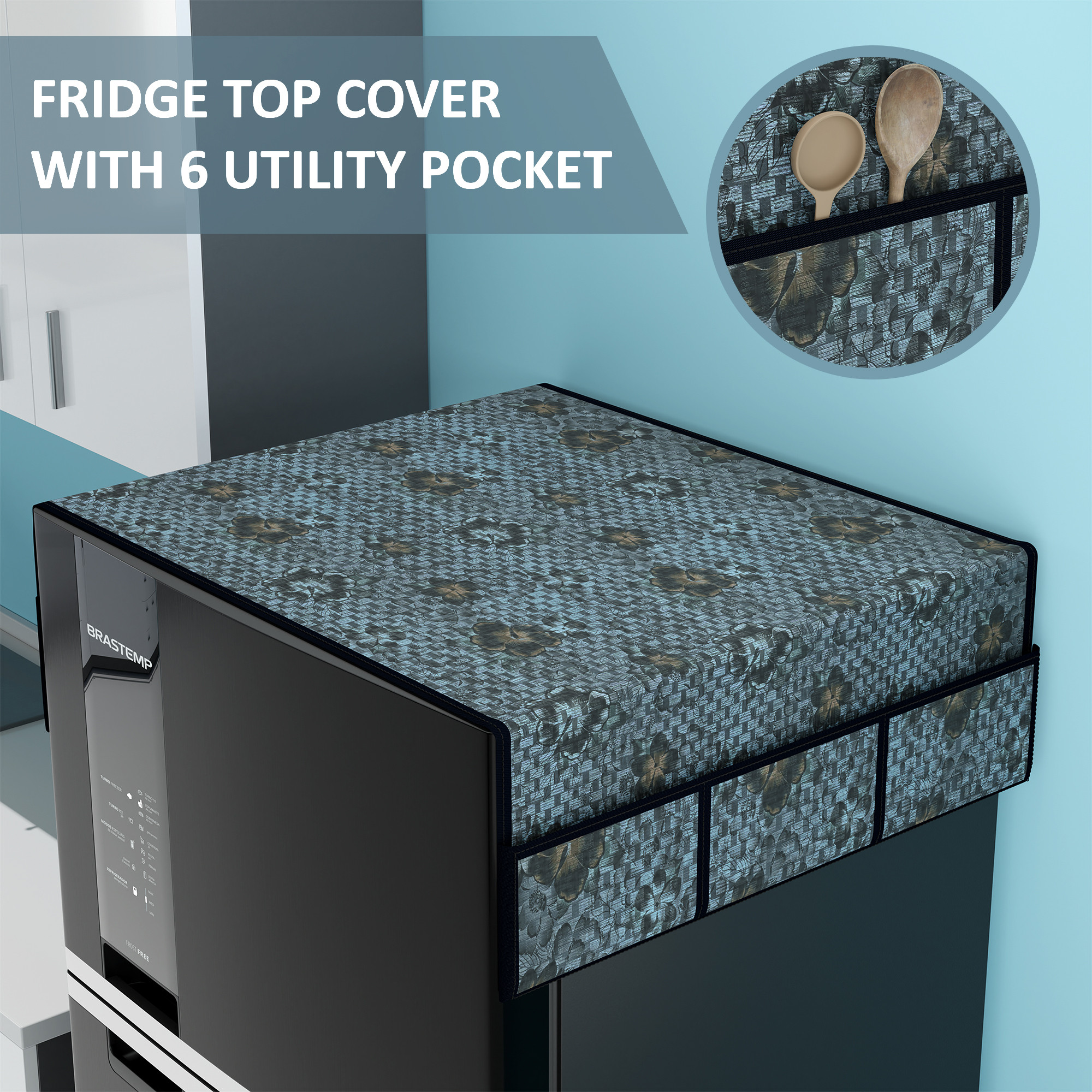 Kuber Industries PVC Fridge Cover Top Single Door with 6 Utility Side Pockets  Anti-Dust FreezeRefrigerator Top Cover for Kitchen  Flower - Grey  Black