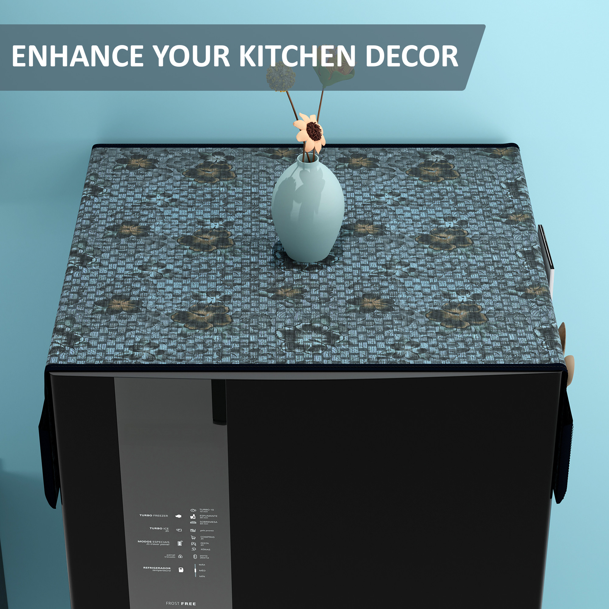 Kuber Industries PVC Fridge Cover Top Single Door with 6 Utility Side Pockets  Anti-Dust FreezeRefrigerator Top Cover for Kitchen  Flower - Grey  Black