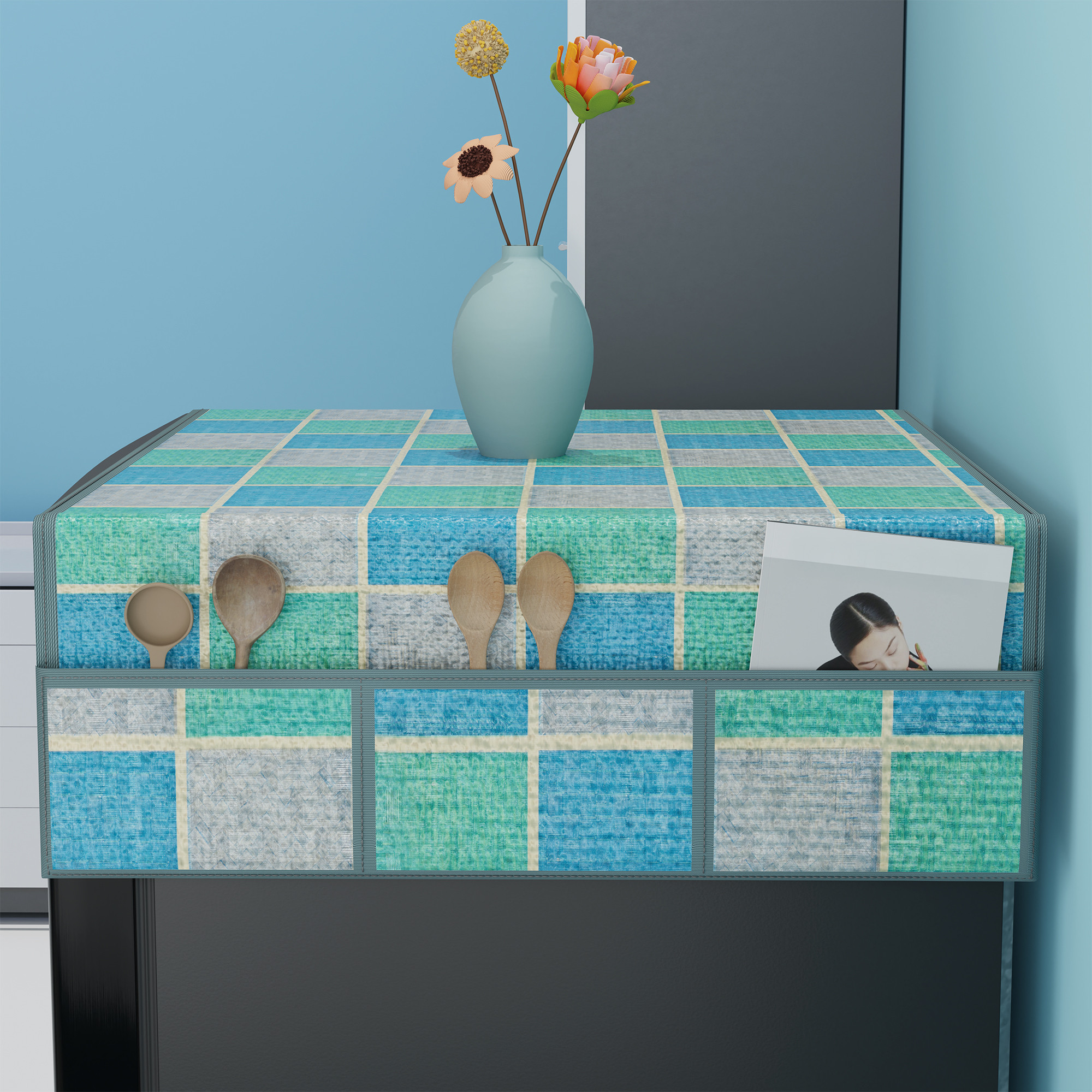 Kuber Industries PVC Fridge Cover Top Single Door with 6 Utility Side Pockets  Anti-Dust FreezeRefrigerator Top Cover for Kitchen  Check - Grey  Blue