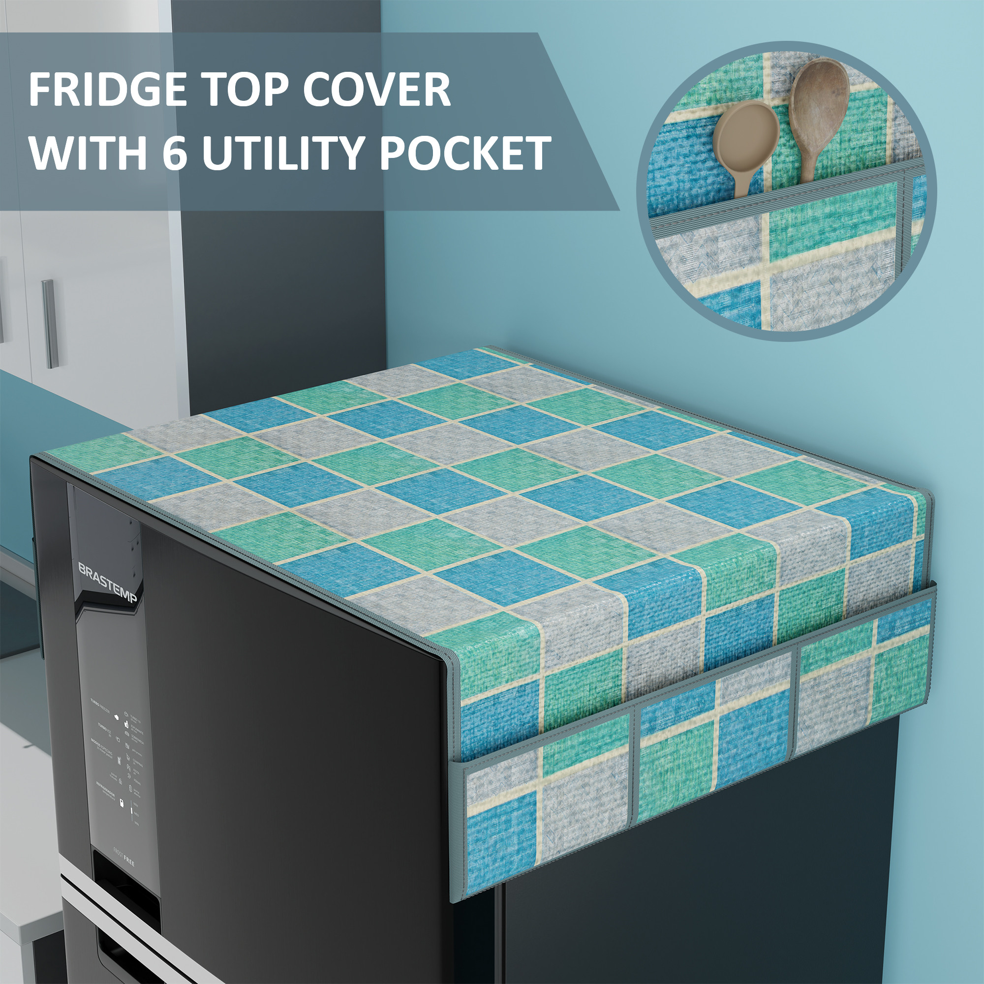 Kuber Industries PVC Fridge Cover Top Single Door with 6 Utility Side Pockets  Anti-Dust FreezeRefrigerator Top Cover for Kitchen  Check - Grey  Blue