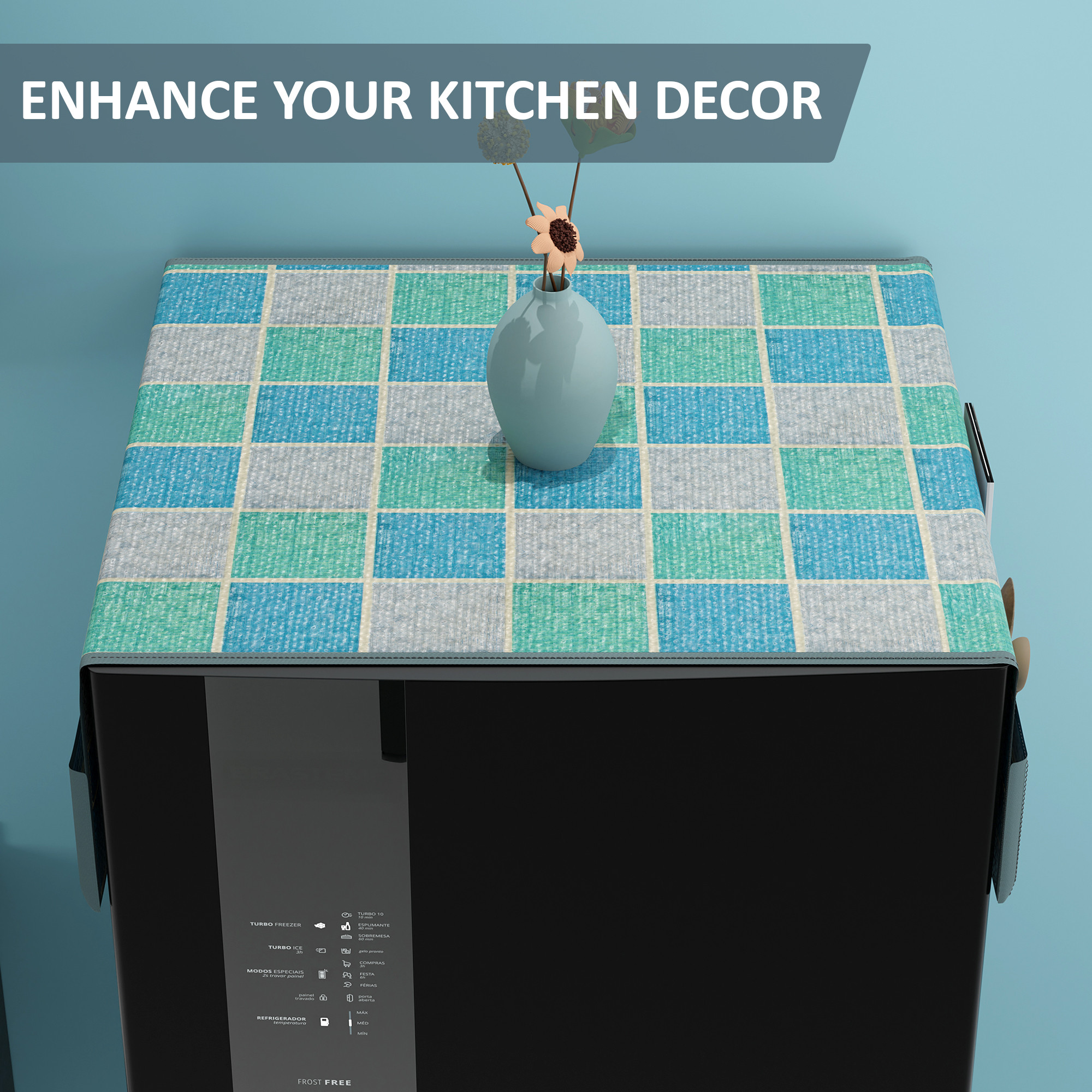 Kuber Industries PVC Fridge Cover Top Single Door with 6 Utility Side Pockets  Anti-Dust FreezeRefrigerator Top Cover for Kitchen  Check - Grey  Blue