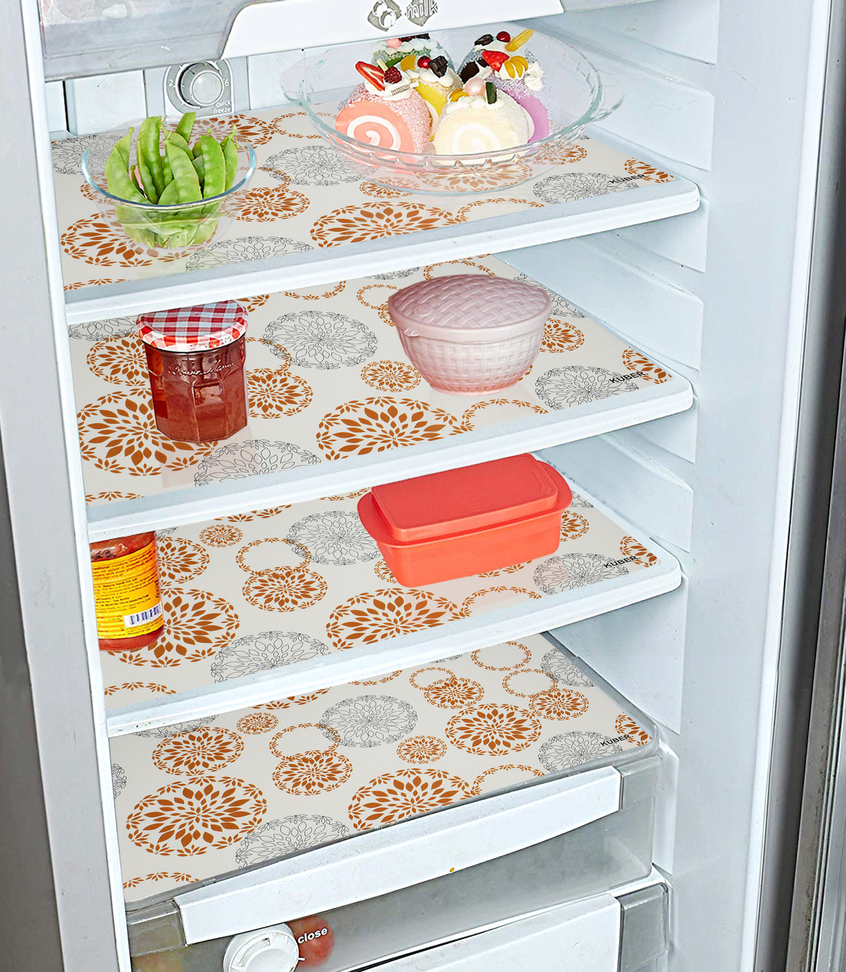 Kuber Industries PVC Fridge Multipurpose Mat, Set of 6, Rangoli,White
