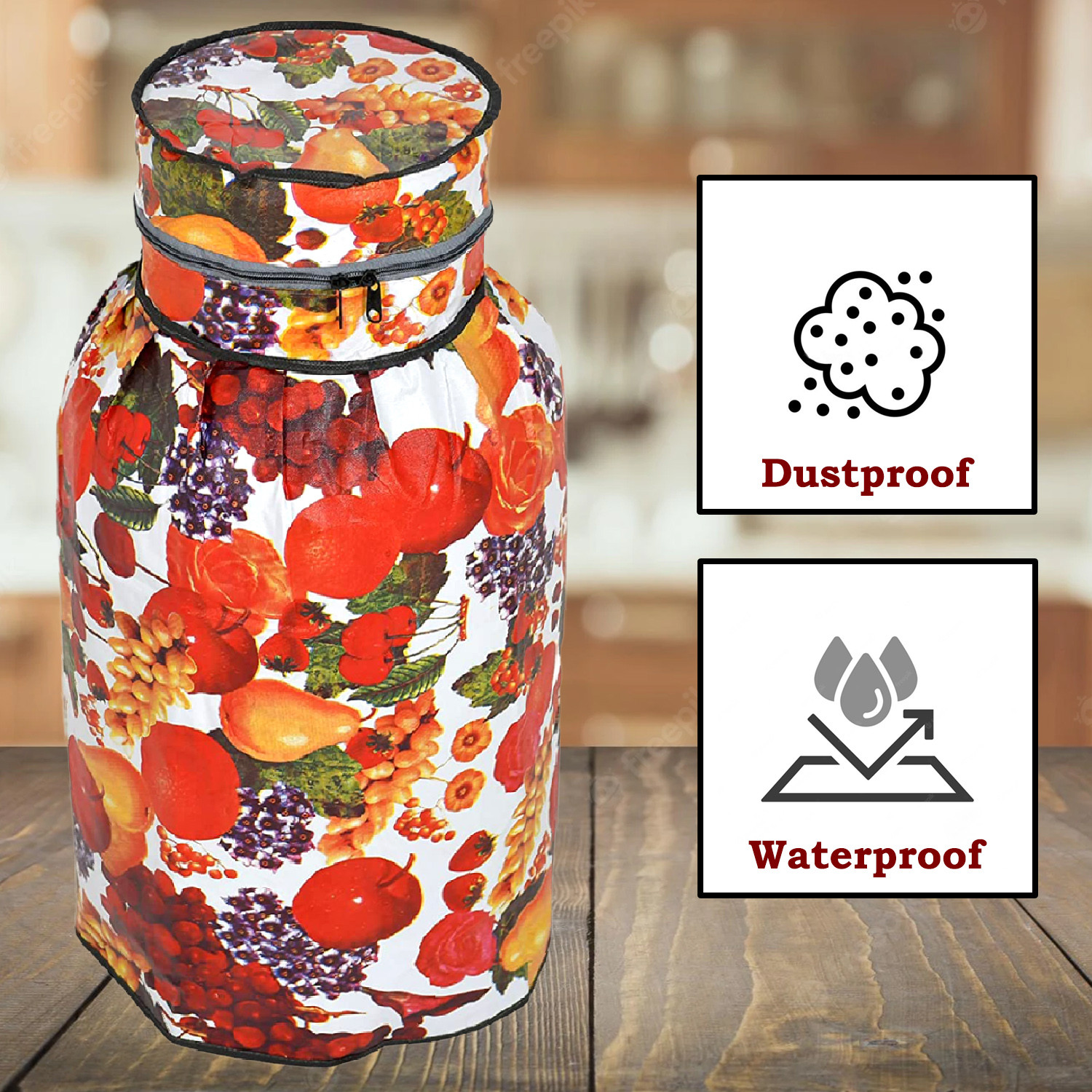 Kuber Industries PVC Fruits Print Waterproof and Dustproof Cylinder Cover For Home & Kitchen Pack of 2 (Red)