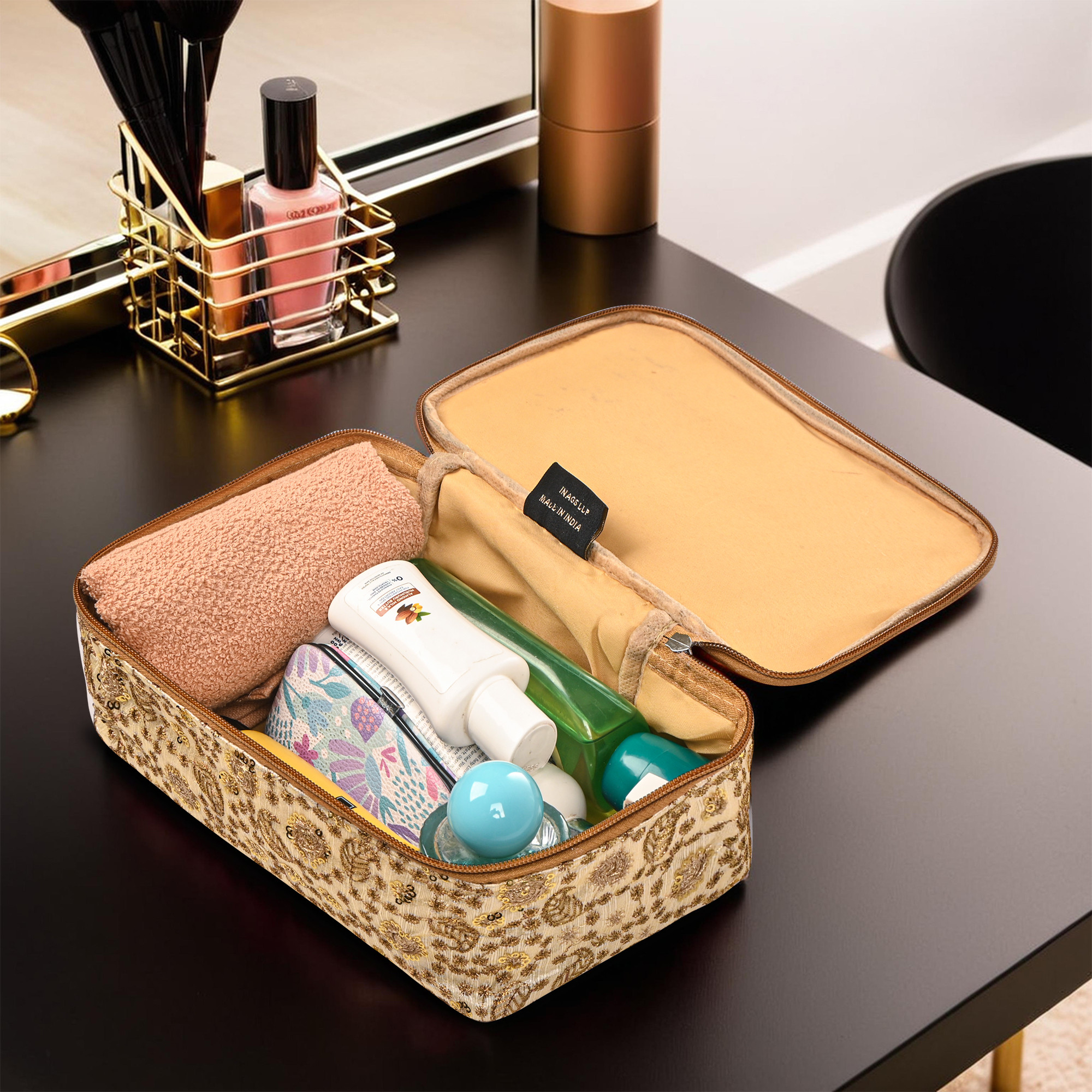 Kuber Industries PVC Half Transparent Make Up Kit for Women with Handle  Multipurpose Toiletry Bag for Storage Brushes Skincare and Perfume  Embroidery Design - Cream