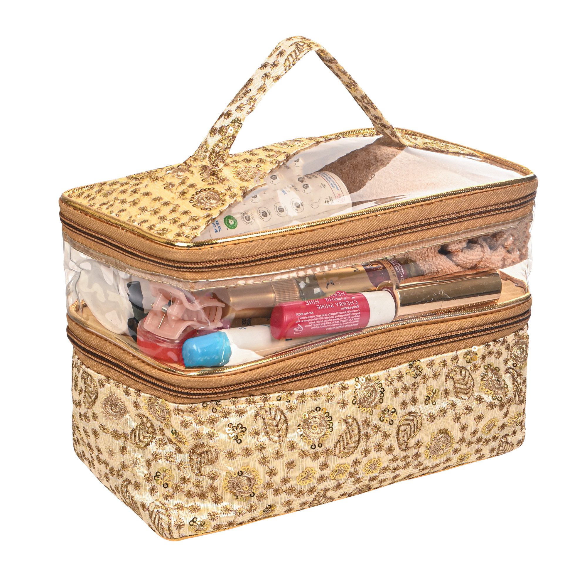 Kuber Industries PVC Half Transparent Make Up Kit for Women with Handle  Multipurpose Toiletry Bag for Storage Brushes Skincare and Perfume  Embroidery Design - Cream