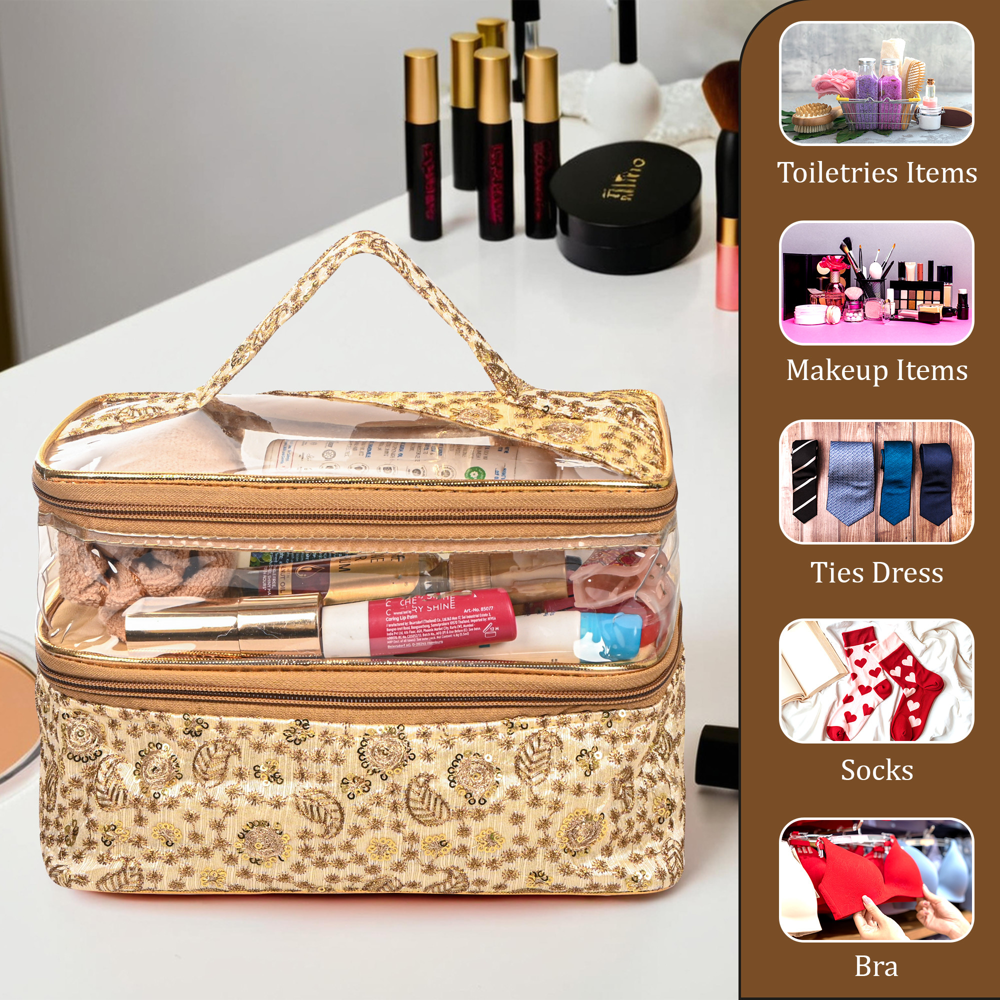 Kuber Industries PVC Half Transparent Make Up Kit for Women with Handle  Multipurpose Toiletry Bag for Storage Brushes Skincare and Perfume  Embroidery Design - Cream