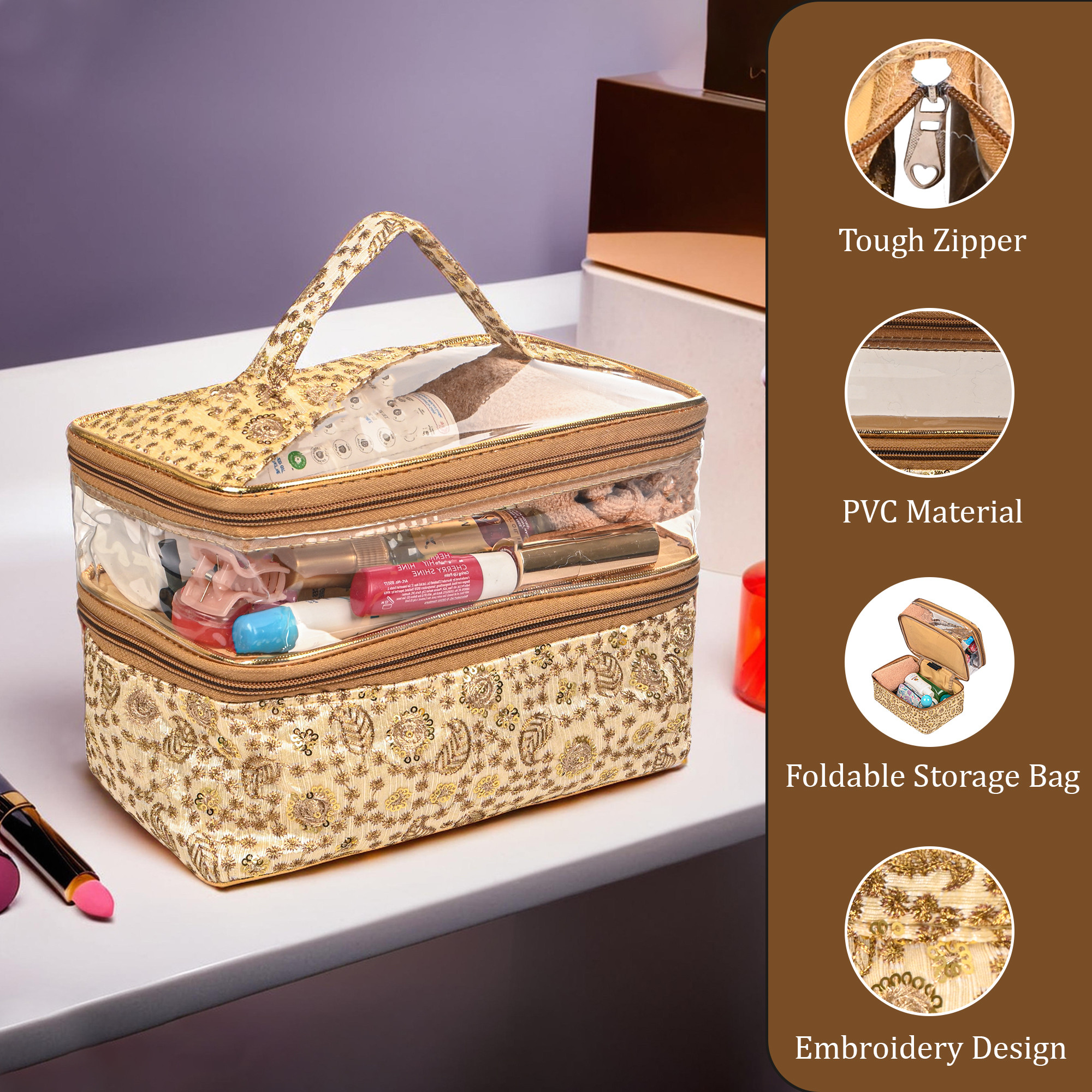 Kuber Industries PVC Half Transparent Make Up Kit for Women with Handle  Multipurpose Toiletry Bag for Storage Brushes Skincare and Perfume  Embroidery Design - Cream