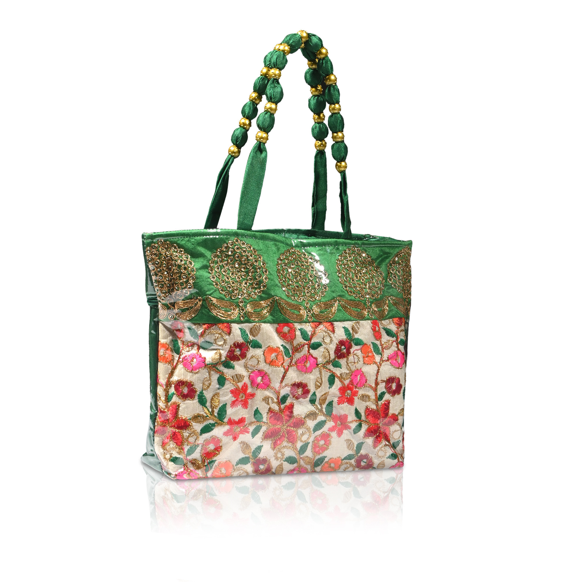 Kuber Industries PVC Laminated Hand Bag for Woman  Girls with Zip  Lightweight  Compact Gifting Ladies Purse for Party Wedding  Events  Embroidery Design - Green