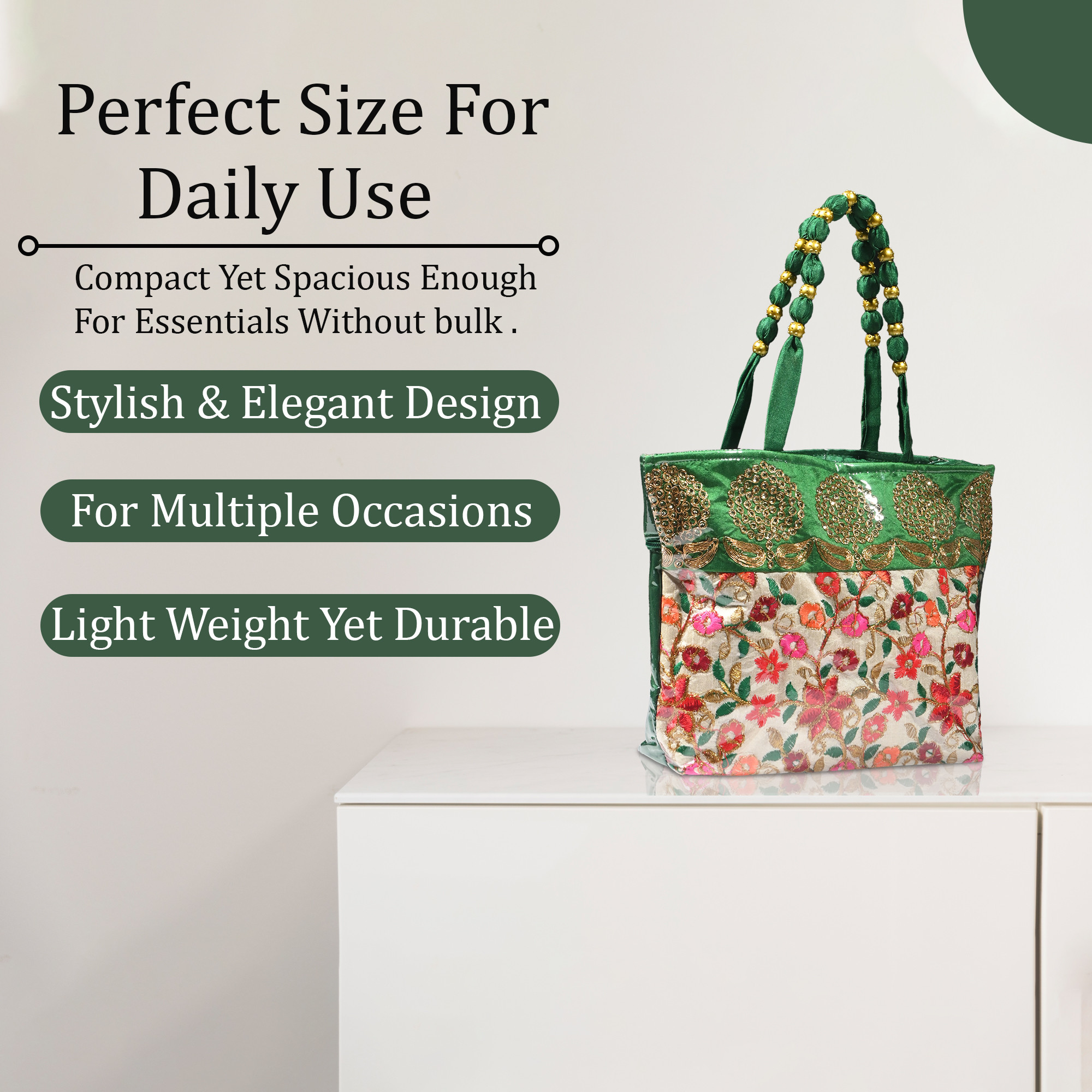Kuber Industries PVC Laminated Hand Bag for Woman  Girls with Zip  Lightweight  Compact Gifting Ladies Purse for Party Wedding  Events  Embroidery Design - Green